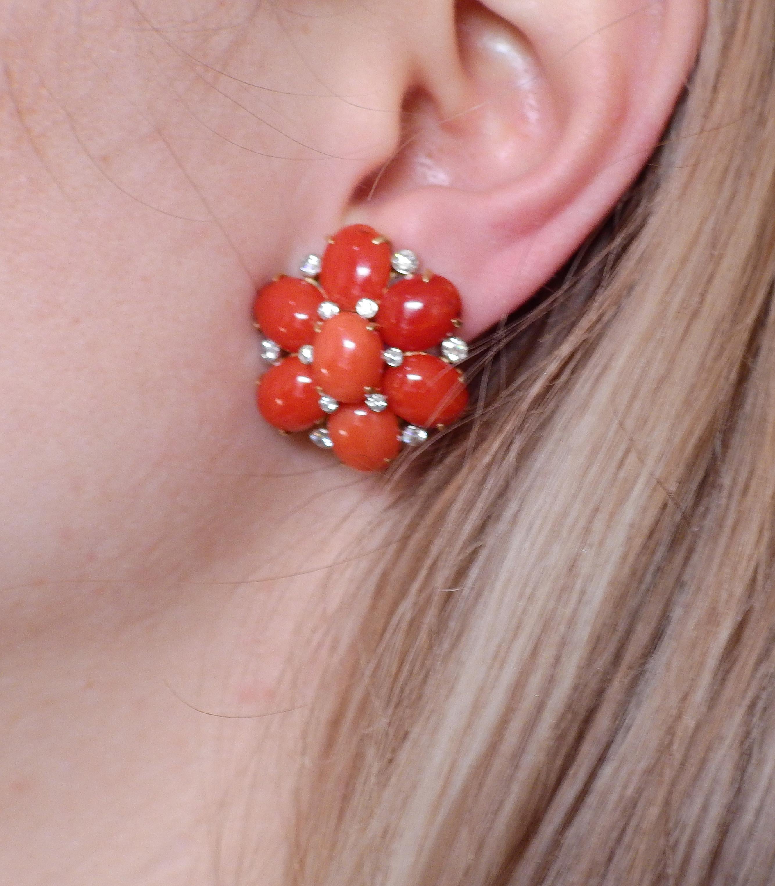 Aletto Brothers Coral Diamond Gold Floral Earrings In New Condition For Sale In Lambertville, NJ