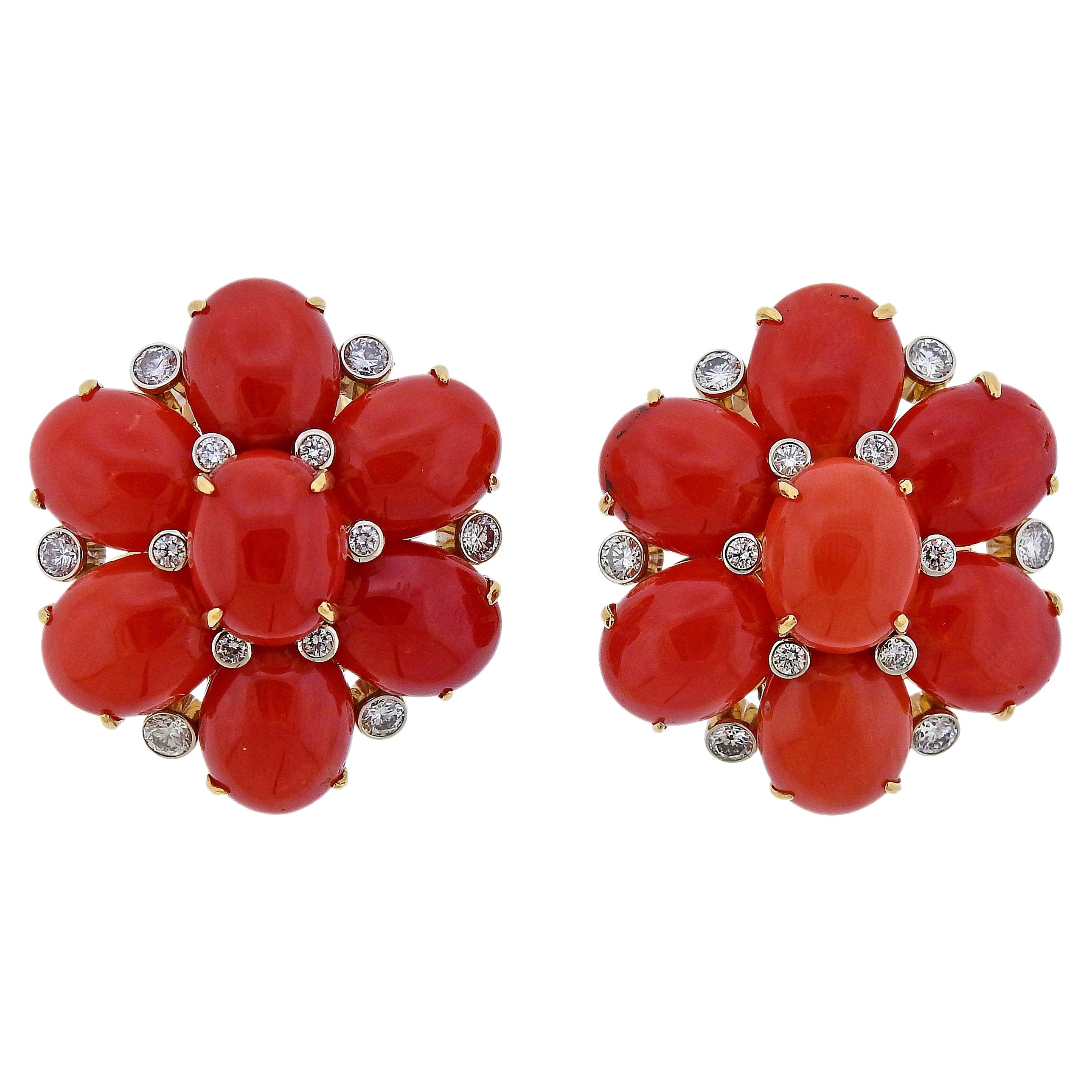 Aletto Brothers Coral Diamond Gold Floral Earrings For Sale