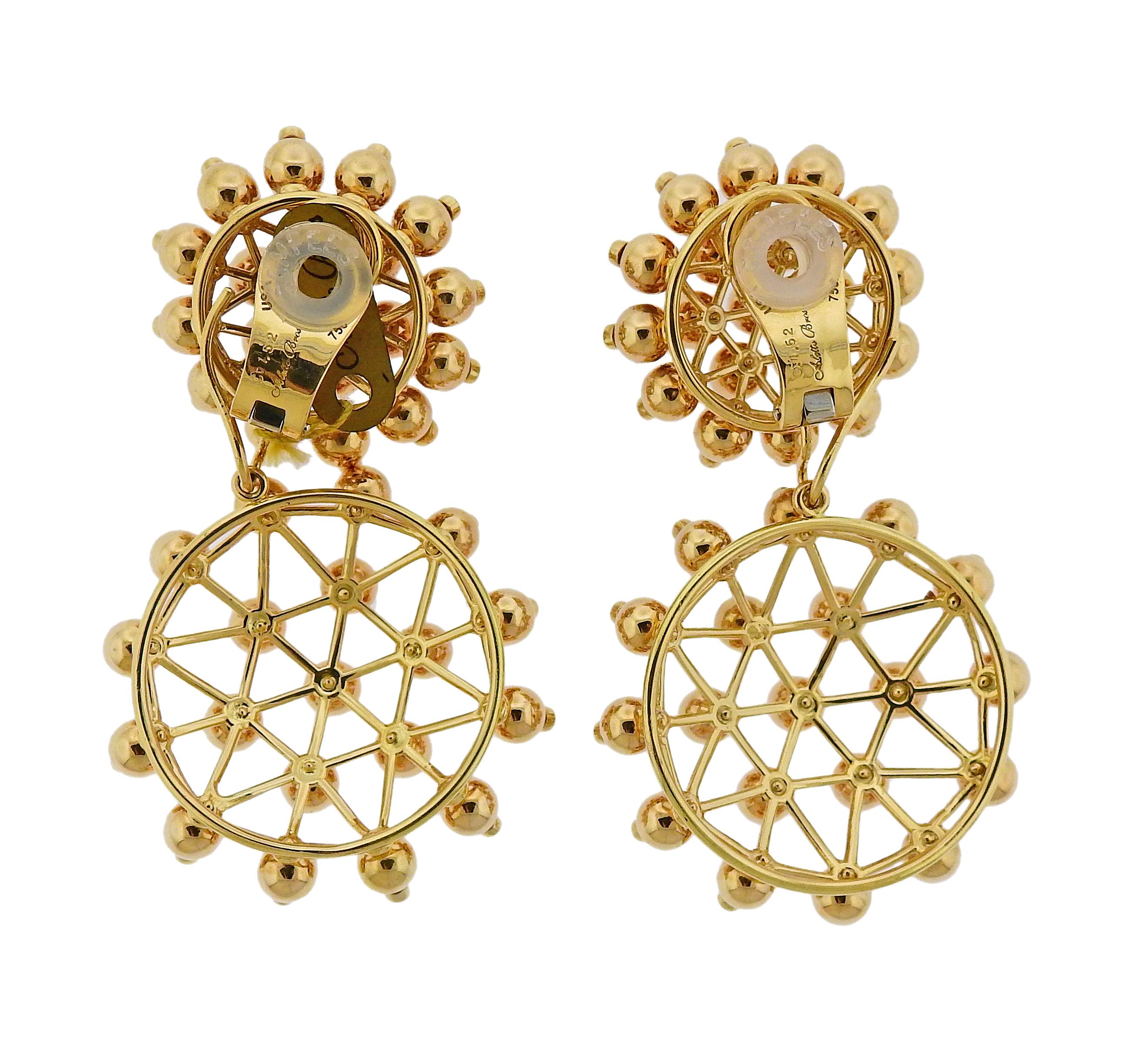 Pair of new 18k yellow gold double wheel drop earrings by Aletto Brothers, featuring removable bottoms for versatile wear. Set with 1.52ctw in VVS-VS/G diamonds. Earrings are 65mm long with drops,  Tops measure 28m in diameter. Bottom removable