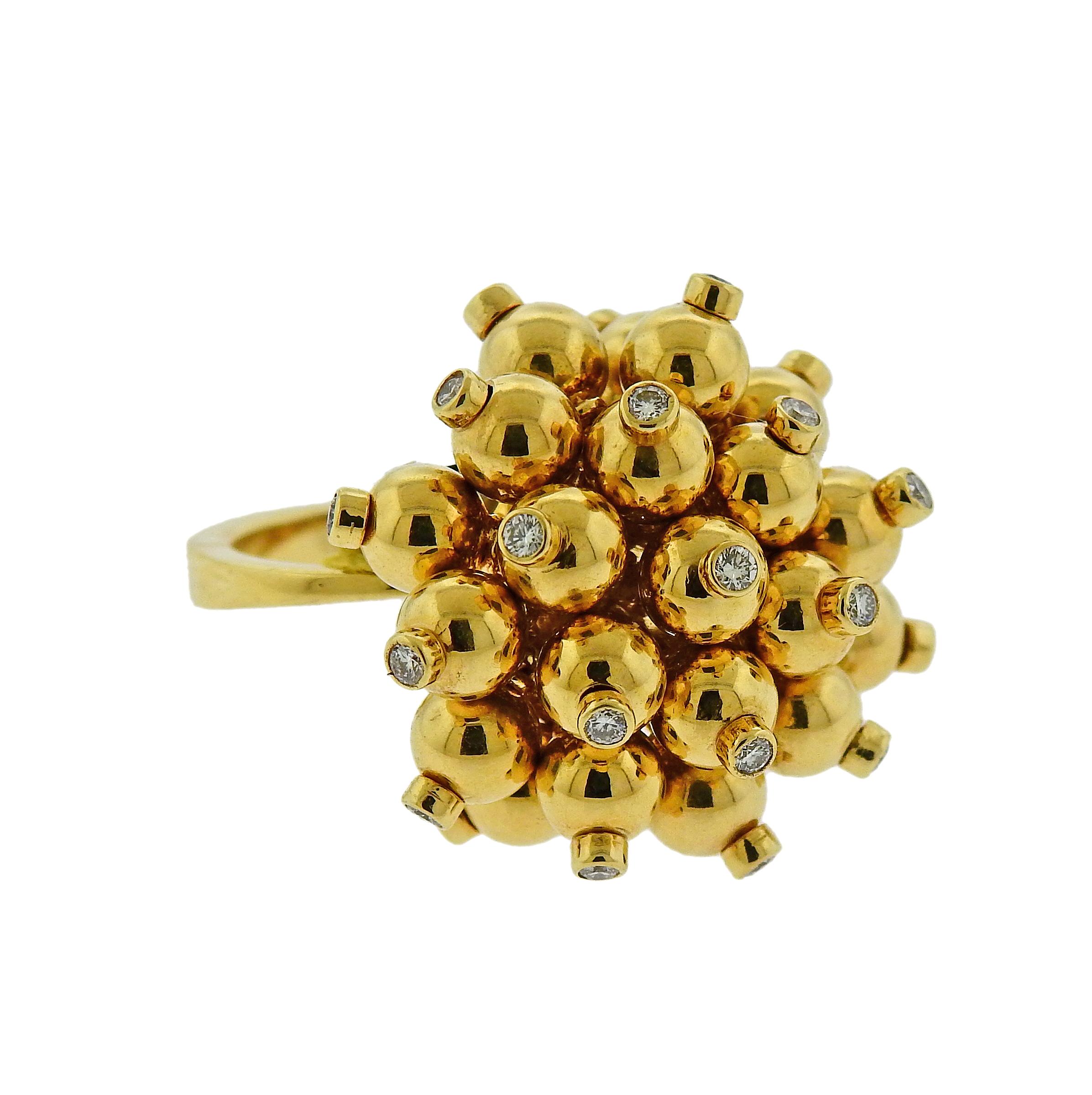 New 18k yellow gold pom pom charm ring by Aletto Brothers, set with 0.46ctw in VVS-VS/G diamonds. Ring size - 5.25, ring top is approx. 24mm in diameter.  Weighs 16.5 grams. Marked: 750, Ct.0.46, Aletto Bros.