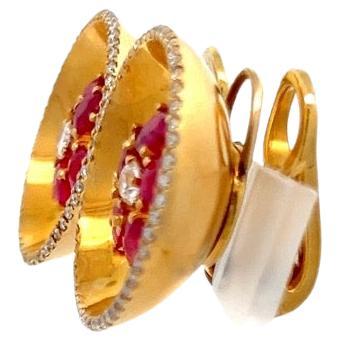 Round Cut Aletto Brothers Diamond Ruby 18K Yellow Gold Lever-Back Earrings For Sale