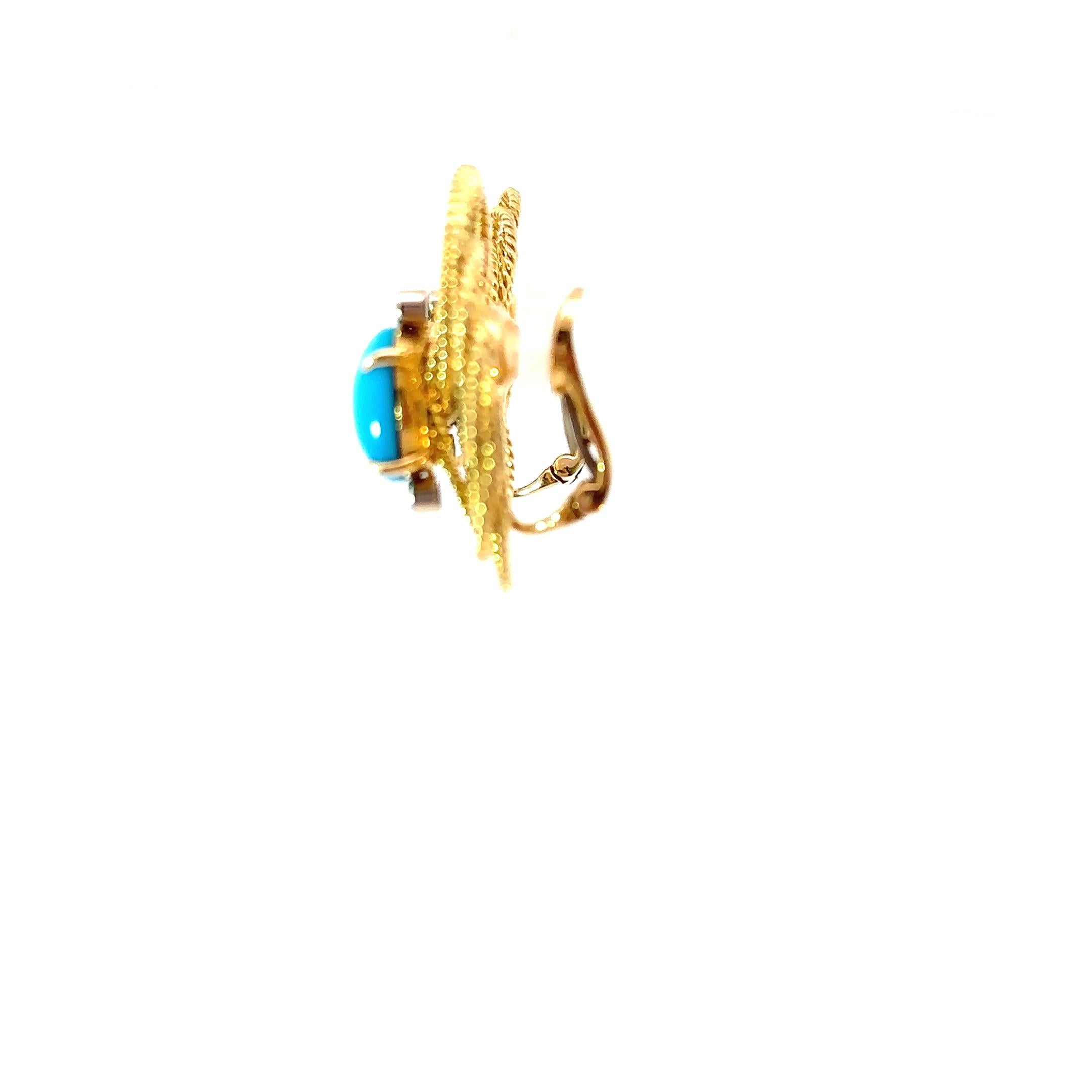 Add a touch of sophistication to your collection with these beautifully crafted gold statement earrings. Featuring intricately twisted gold wire in a stunning spiral design, each earring is centered with a vibrant sleeping beauty turquoise cabochon,