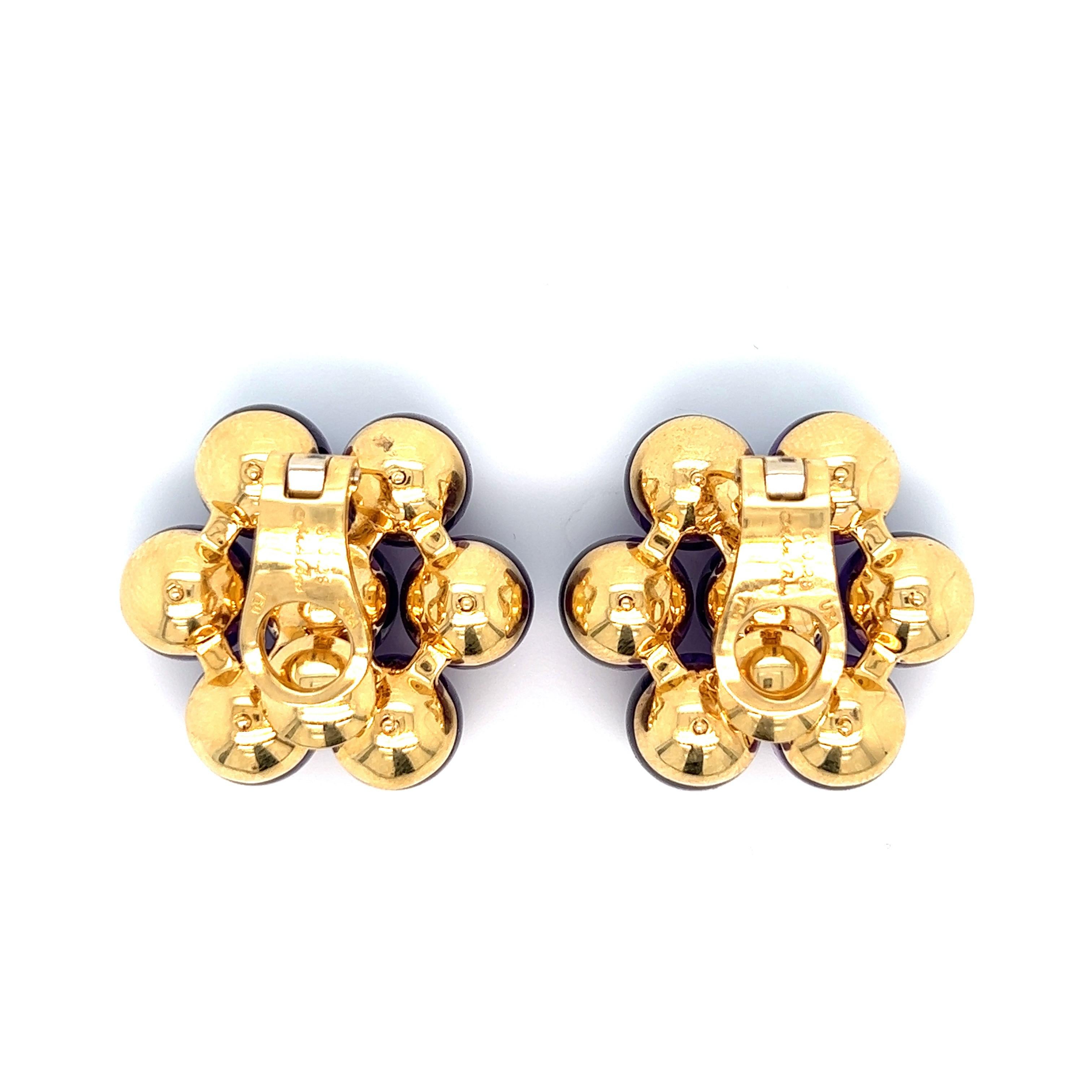 Aletto Brothers 18 karat yellow gold ear clips with seven amethyst spheres each. At the top of each sphere is a small diamond weighing approximately 0.28 carat. Each sphere is approximately 9 mm in diameter. Marked: Aletto Bros. / 750 / Ct 0.28. 
