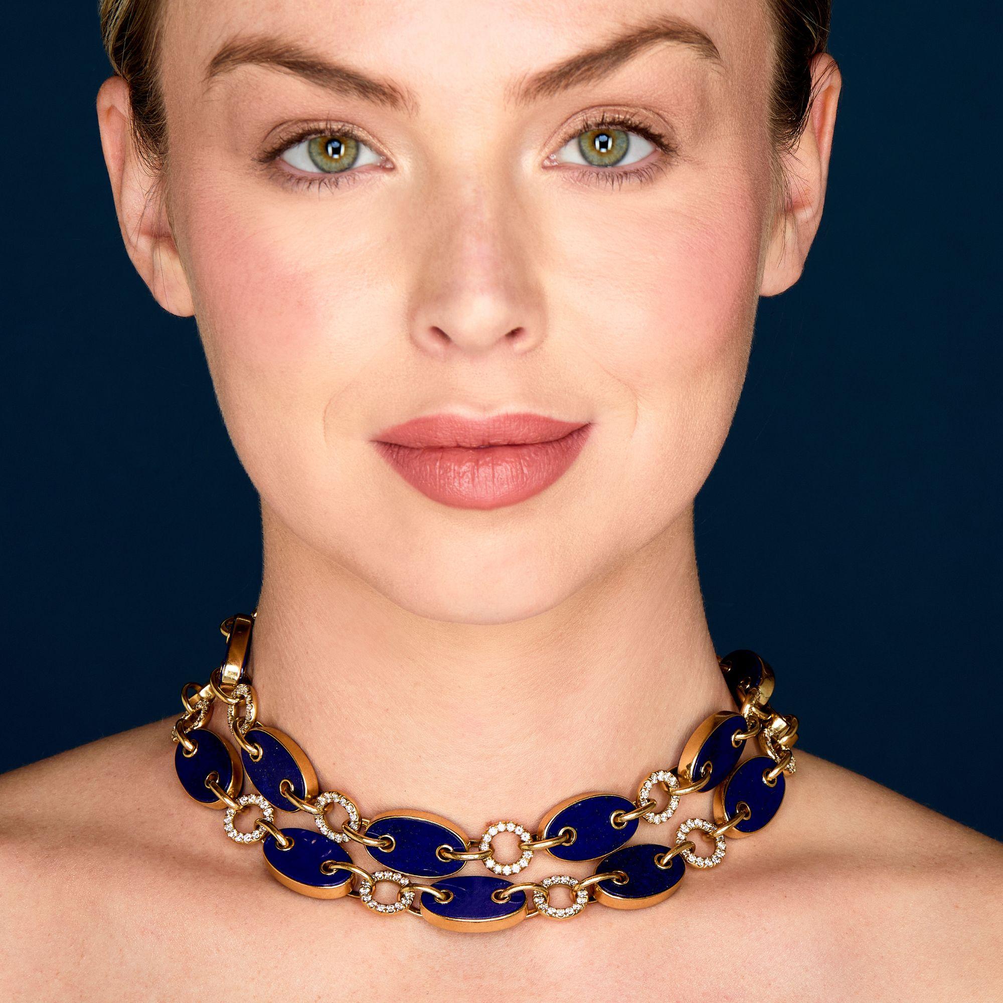 Rétro Aletto Brothers, collier à maillons marin en lapis-lazuli et diamants en vente