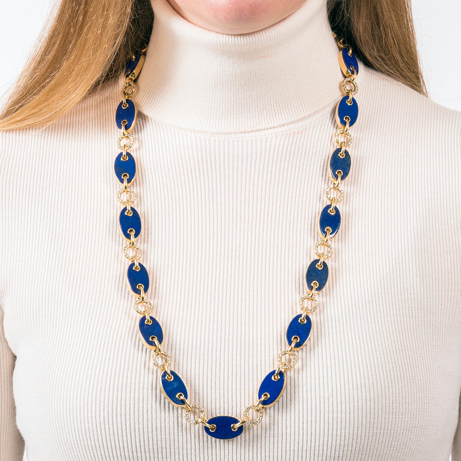 Mixed Cut Aletto Brothers Lapis Lazuli and Diamond Marine Link Necklace For Sale
