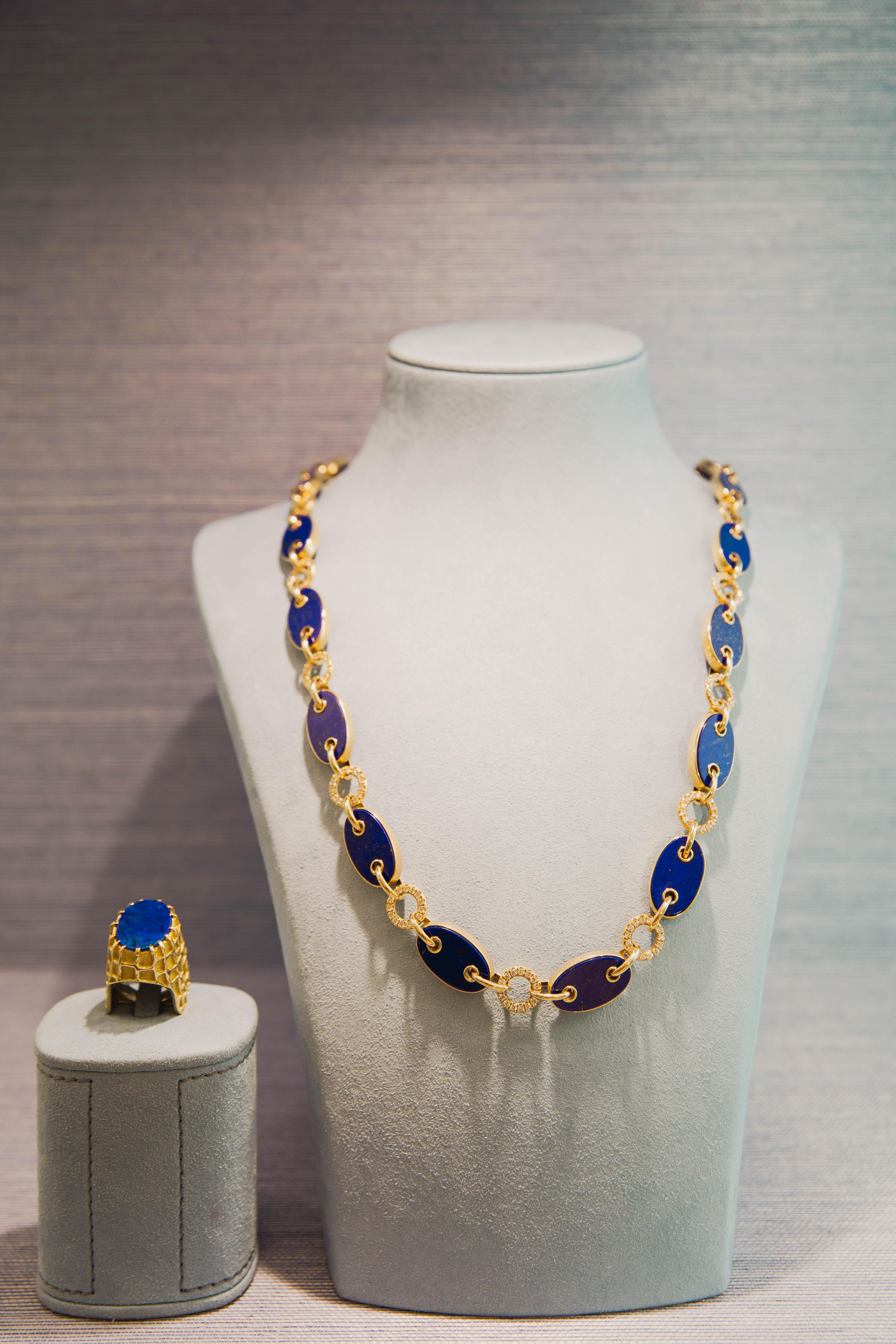 Aletto Brothers Lapis Lazuli and Diamond Marine Link Necklace For Sale 1