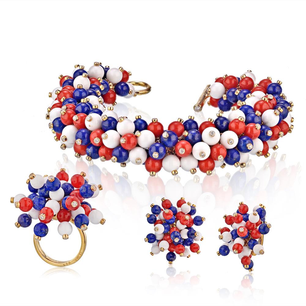Bead Aletto Brothers Pom Pom Red, Blue and White Earrings, Ring and Bracelet Set For Sale