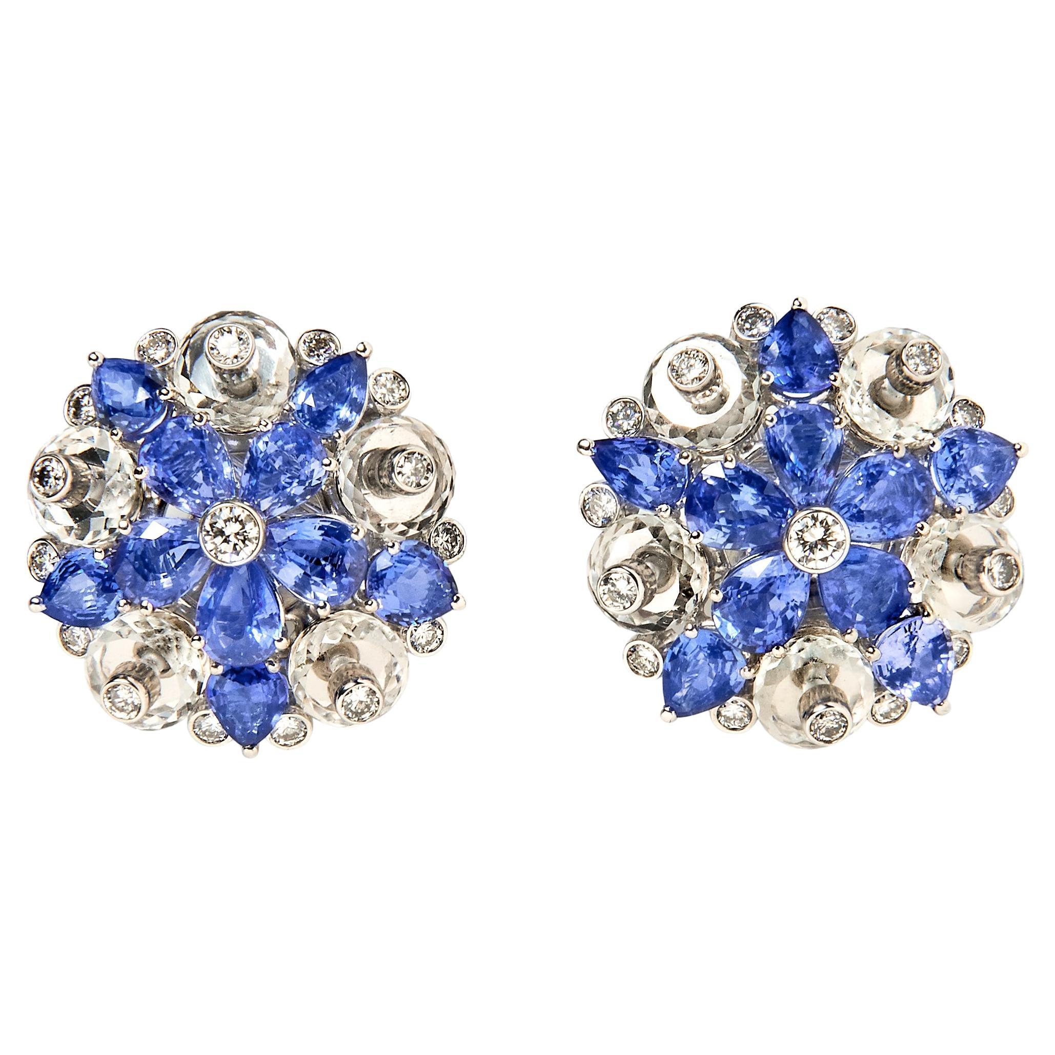 Aletto Brothers Sapphire, Diamond and Rock Crystal Flower Ear Clips For Sale