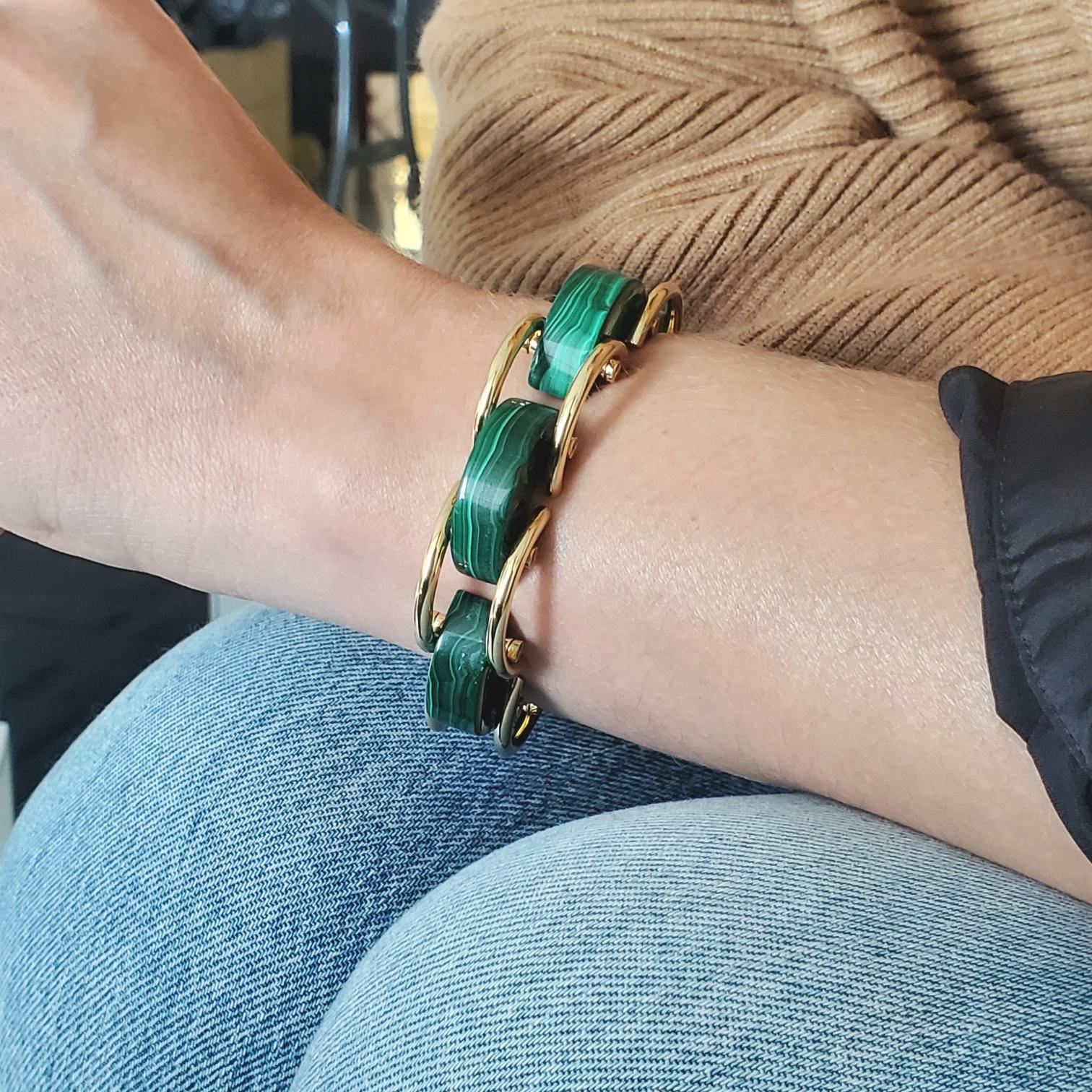 Modern Aletto Brothers Sculptural Bracelet in 18Kt Yellow Gold with Carved Malachite For Sale