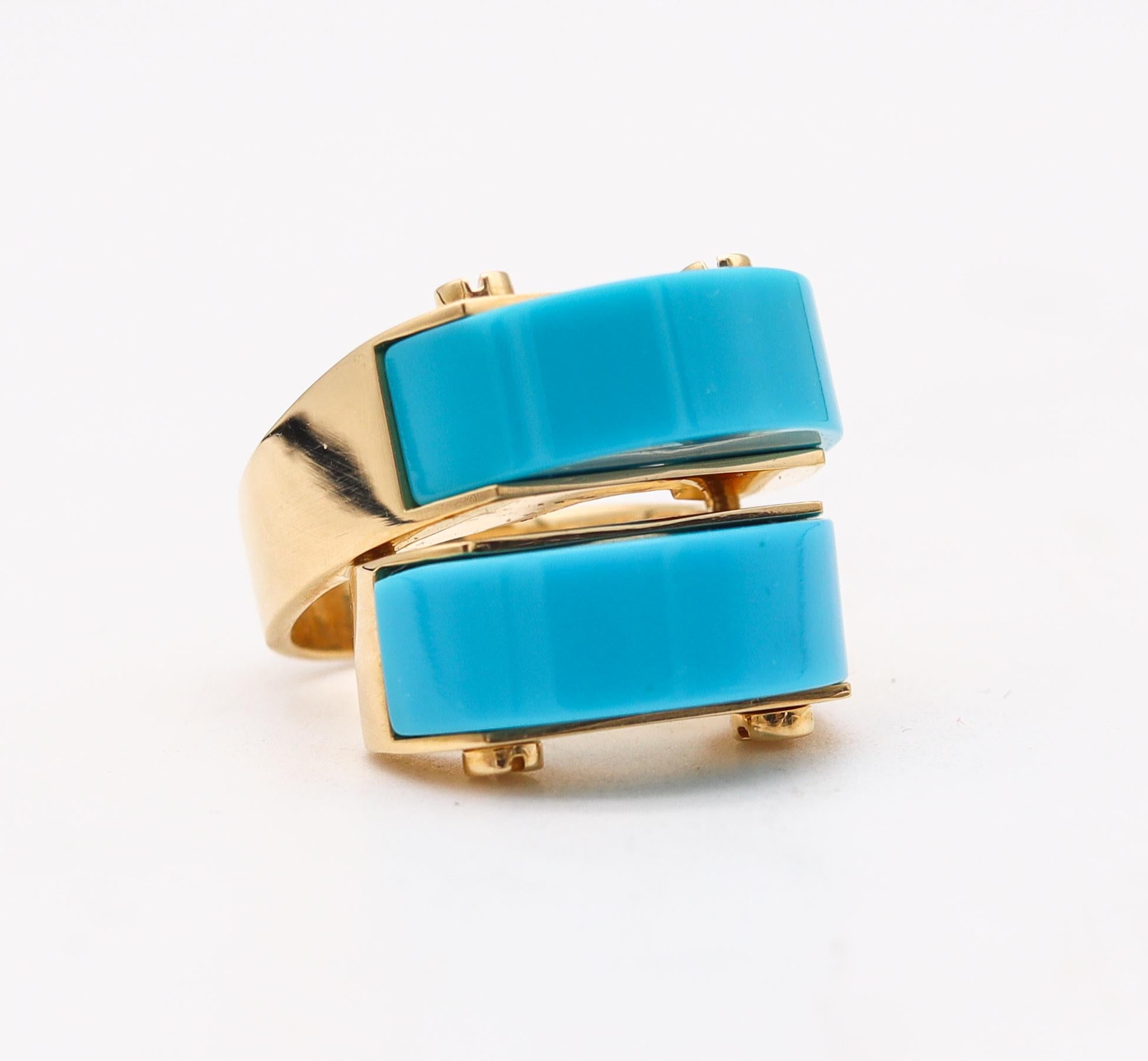 Contemporary Aletto Brothers Sculptural Cocktail Ring in 18kt Yellow Gold with Turquoises For Sale