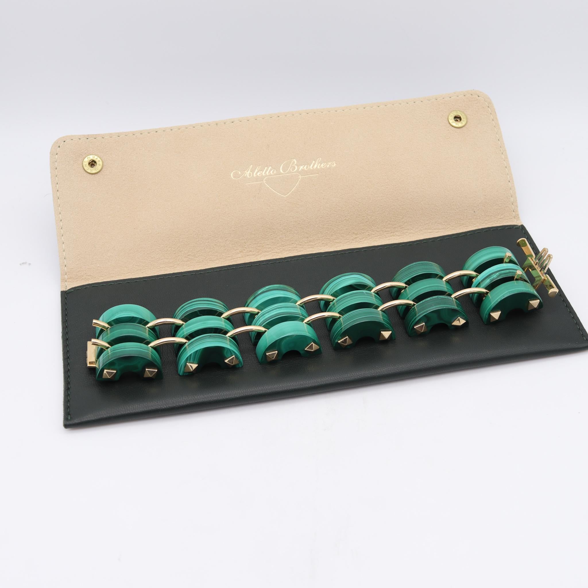 Aletto Brothers Three Rows Bracelet In 18Kt Yellow Gold With Carved Malachite For Sale 4