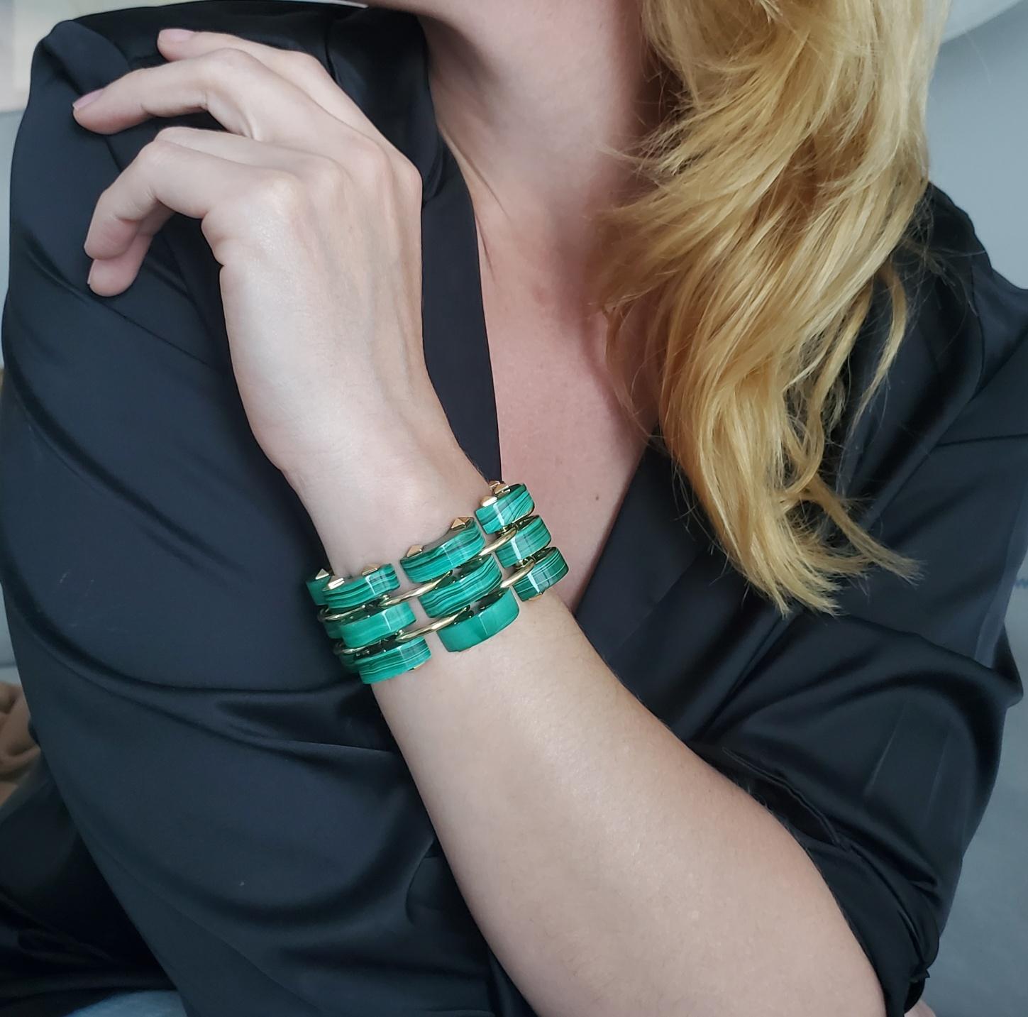 Geometric bracelet designed by the Aletto Brothers.

A contemporary masterpiece of geometric design. This fabulous flexible links bracelet was created by the jewelry designers Aletto Brothers as a part of the new triple rows malachite collection. It