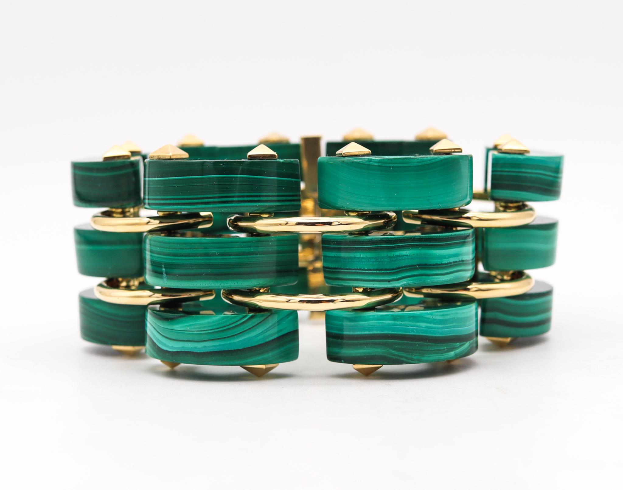 Contemporary Aletto Brothers Three Rows Bracelet In 18Kt Yellow Gold With Carved Malachite For Sale