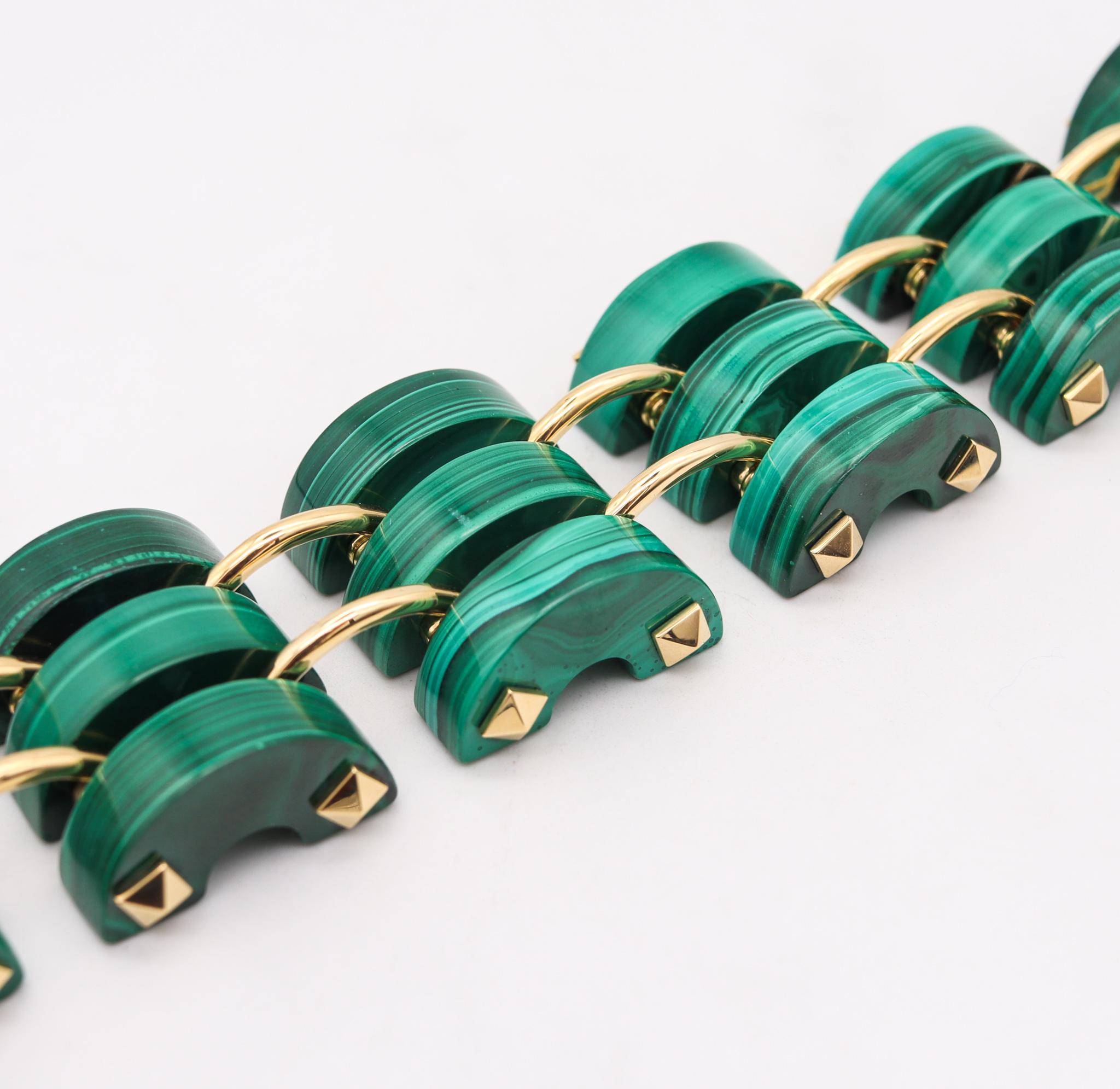 Cabochon Aletto Brothers Three Rows Bracelet In 18Kt Yellow Gold With Carved Malachite For Sale