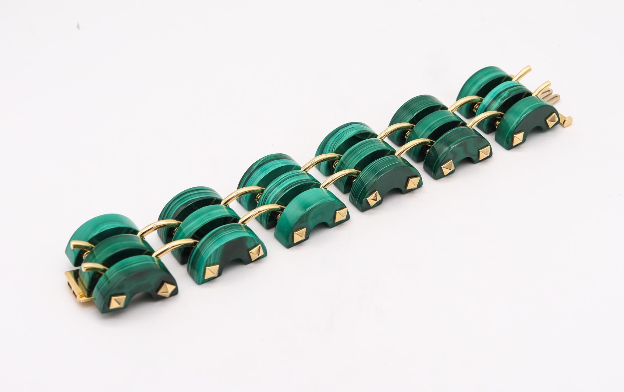 Aletto Brothers Three Rows Bracelet In 18Kt Yellow Gold With Carved Malachite For Sale 1