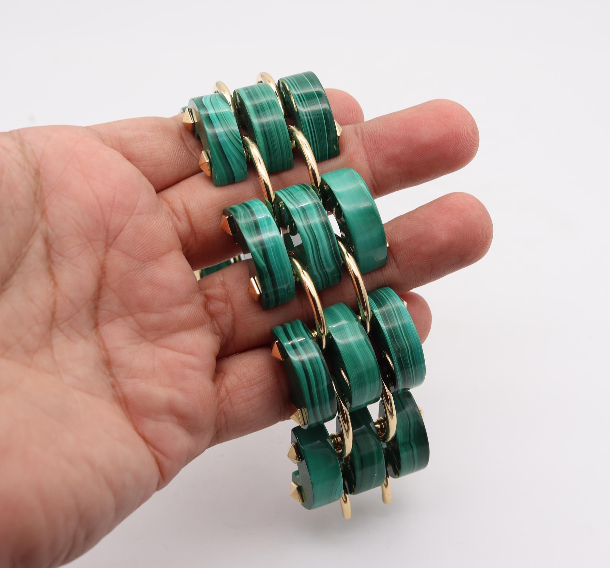 Aletto Brothers Three Rows Bracelet In 18Kt Yellow Gold With Carved Malachite For Sale 3