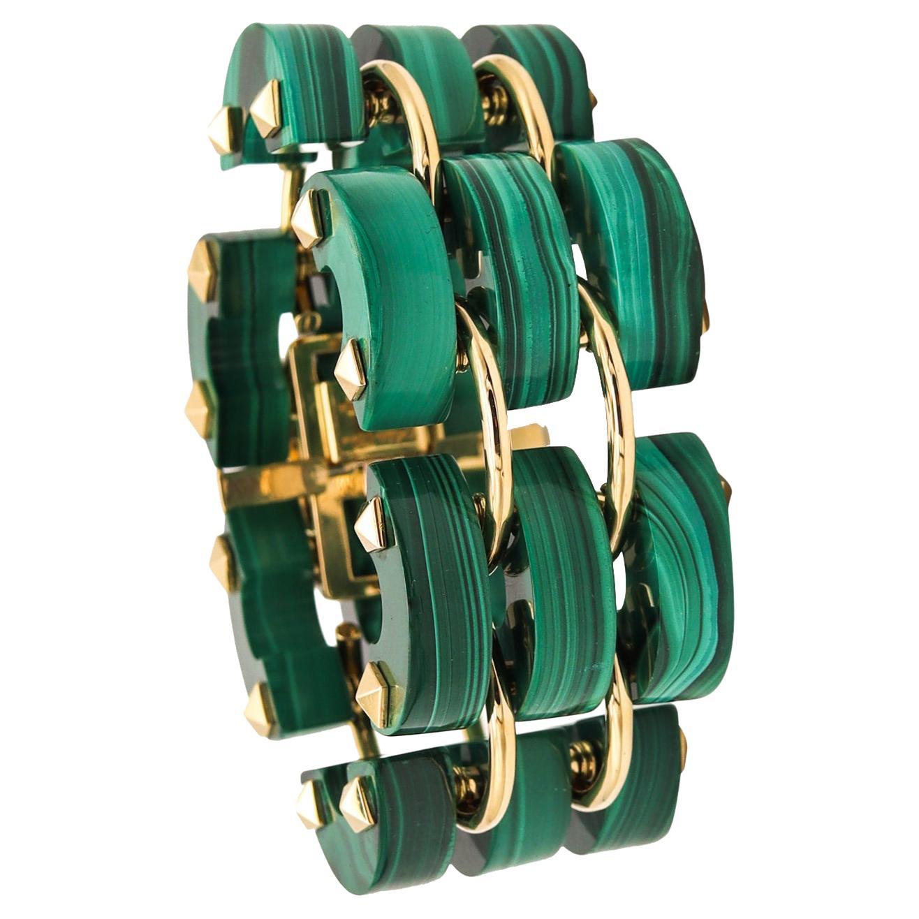 Aletto Brothers Three Rows Bracelet In 18Kt Yellow Gold With Carved Malachite