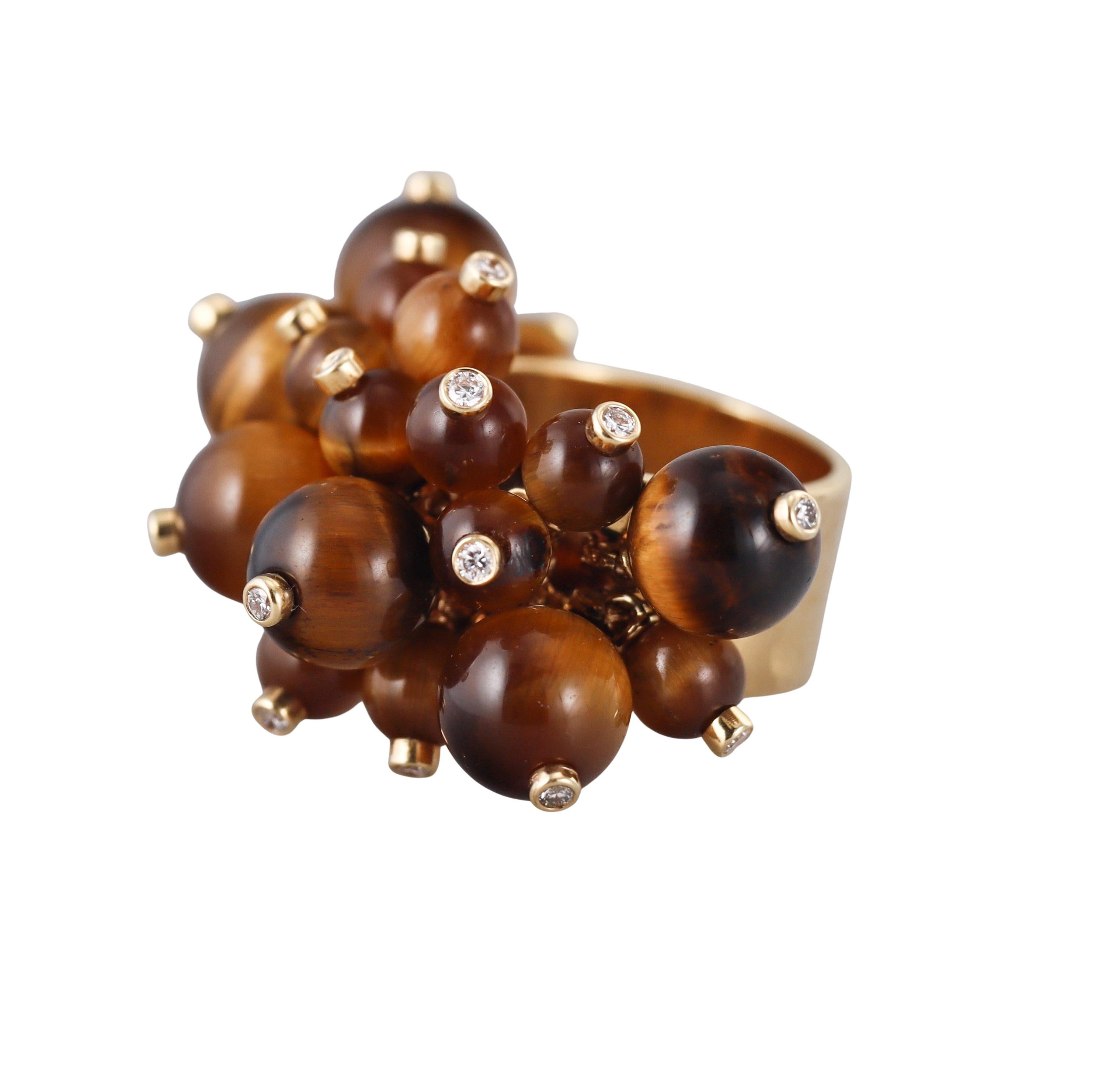 Donna Anello d'oro con diamante e perle di occhio di tigre di Aletto Brothers in vendita