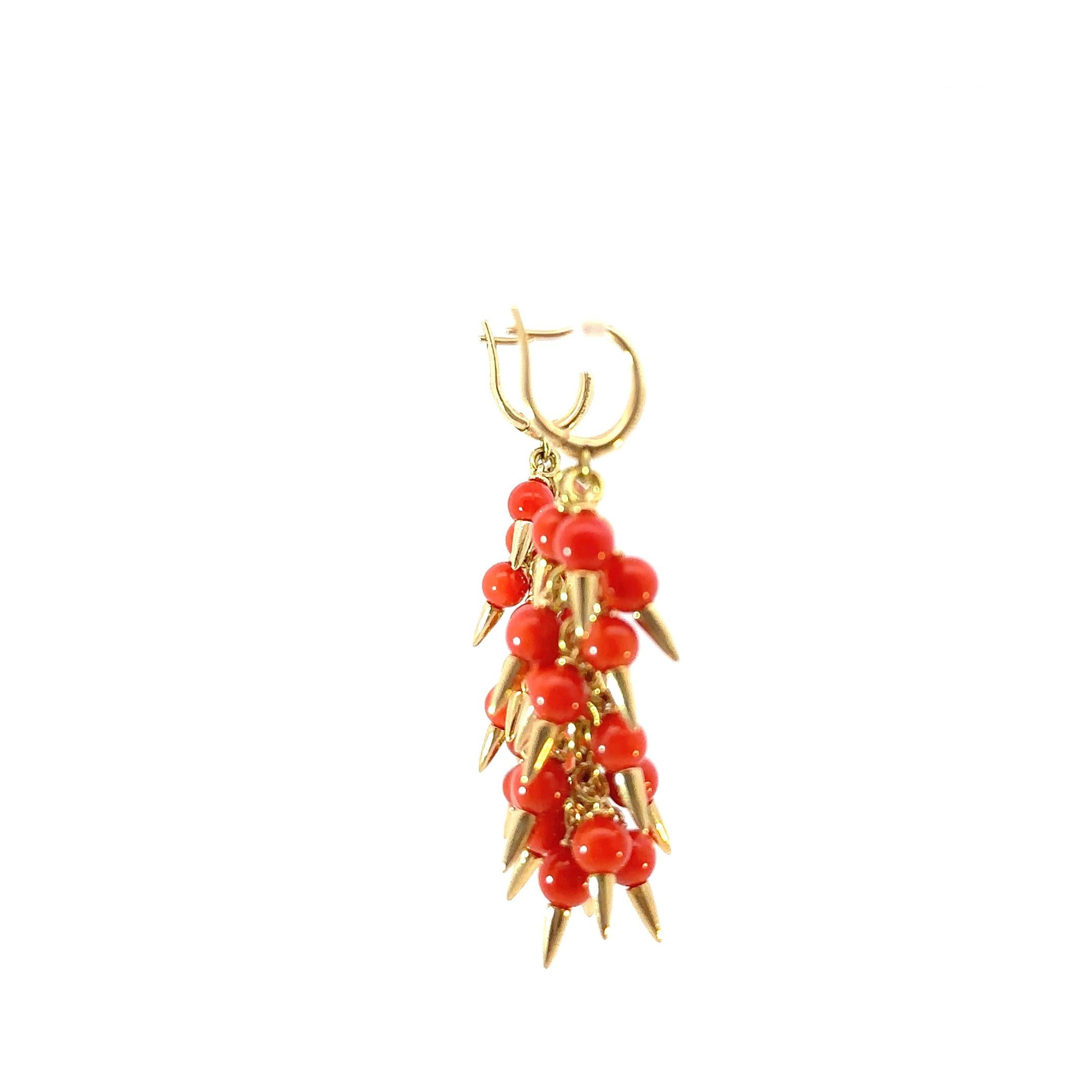 Round Cut Aletto Brothers Vibrant Coral Bead Cluster Earrings with Gold Spike Accents For Sale