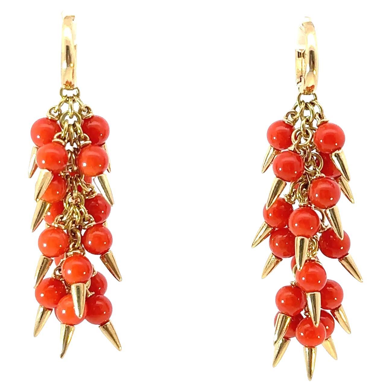 Aletto Brothers Vibrant Coral Bead Cluster Earrings with Gold Spike Accents For Sale