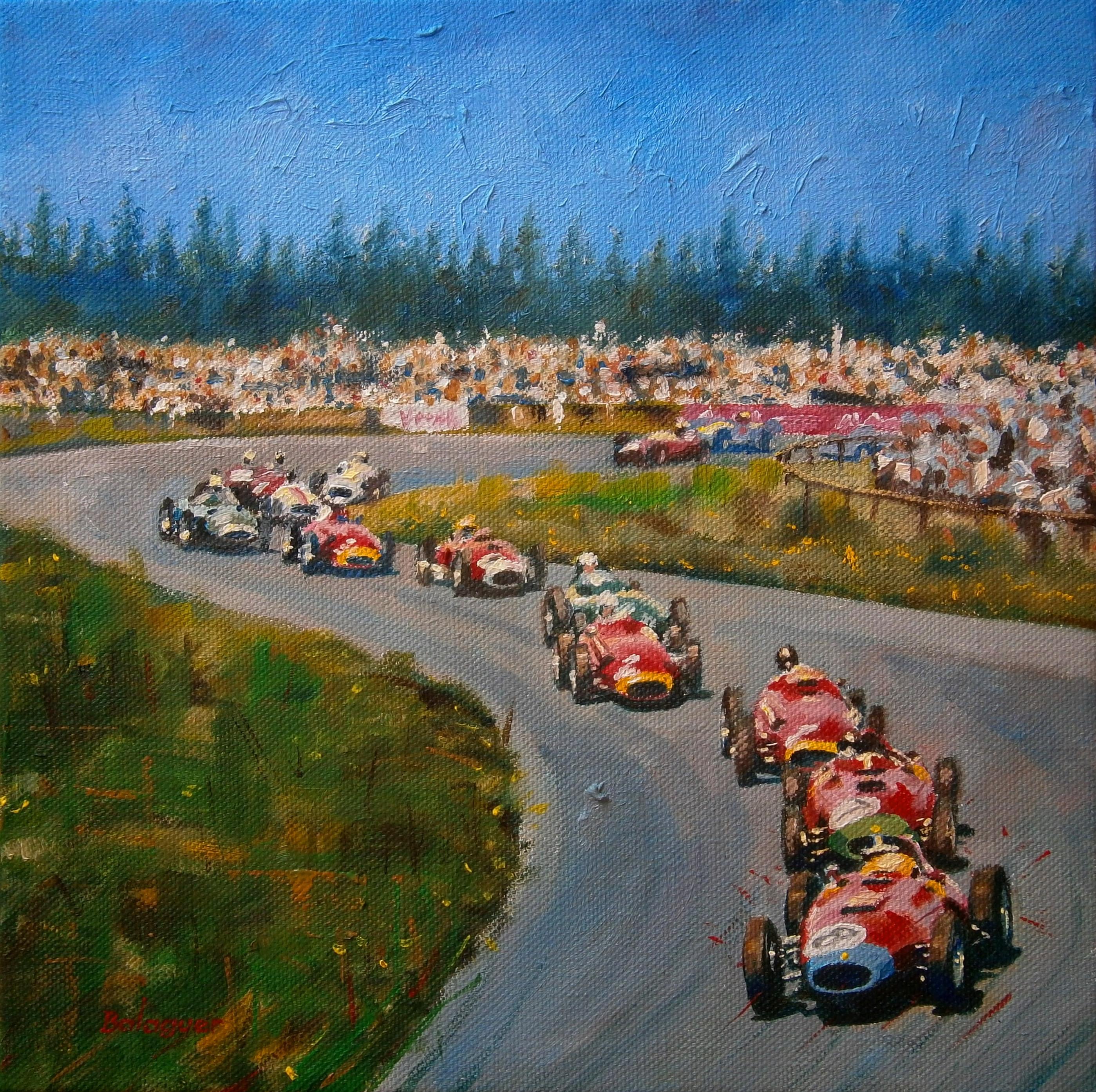 Alex BALAGUER Figurative Painting - Balaguer 11 Car Races 1957.. original acrylic painting