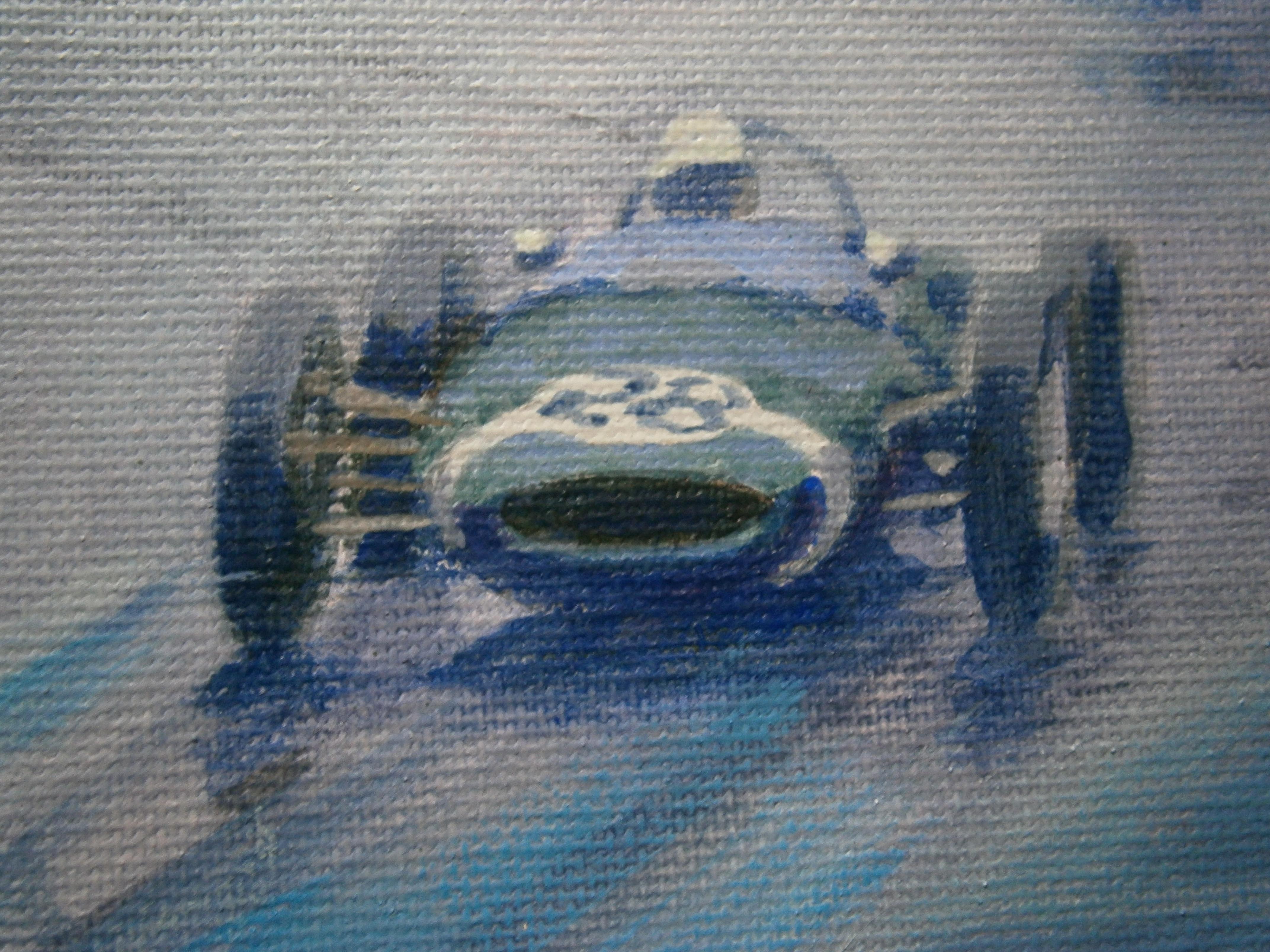 Balaguer 13 Auto-Rennen Wolfgang von Trips (Ferrari 156 F1) & Stirling Moss (Blau), Figurative Painting, von Alex BALAGUER