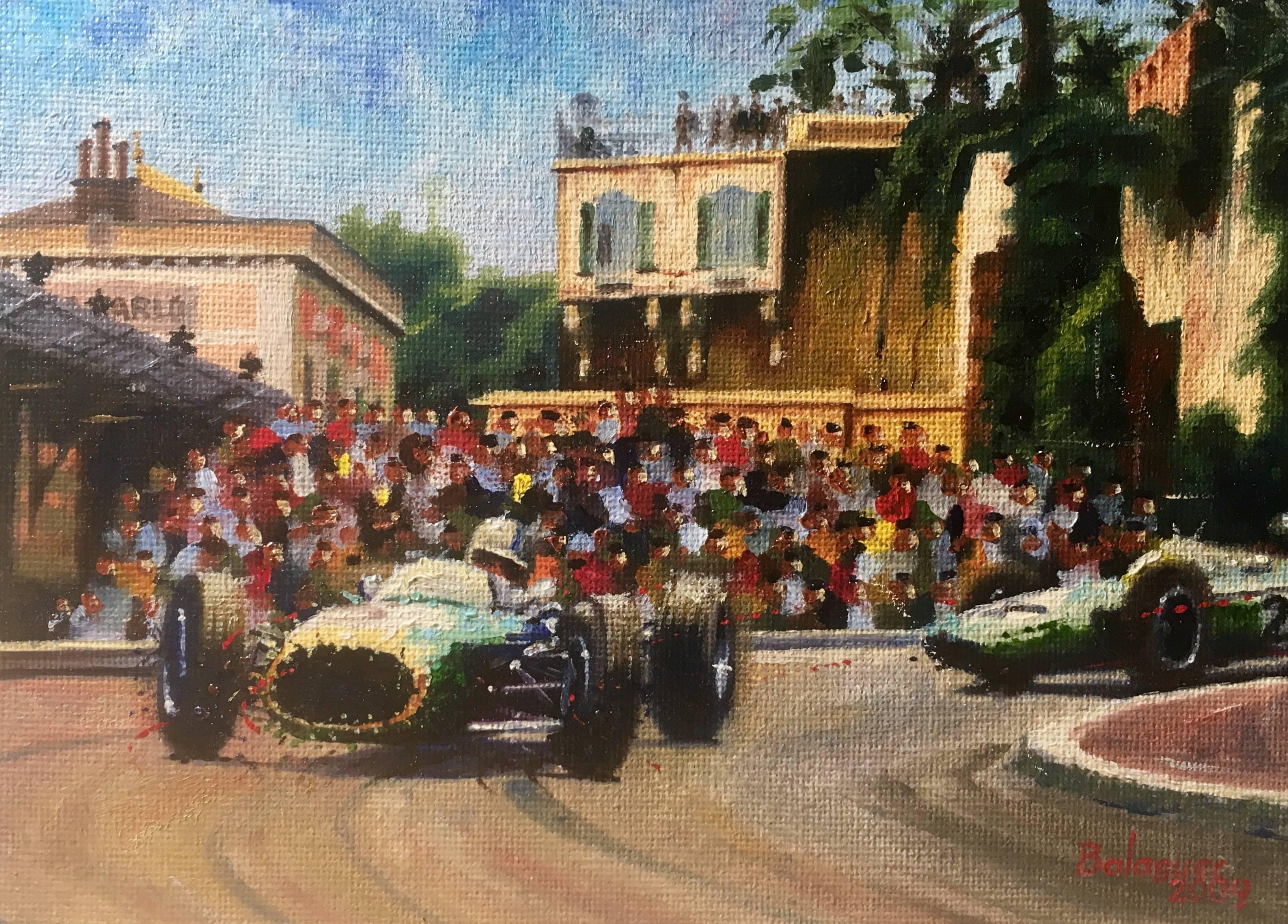 Alex BALAGUER Figurative Painting - Balaguer 14  Car Races Classic  Jack Brabham - Monaco 1964