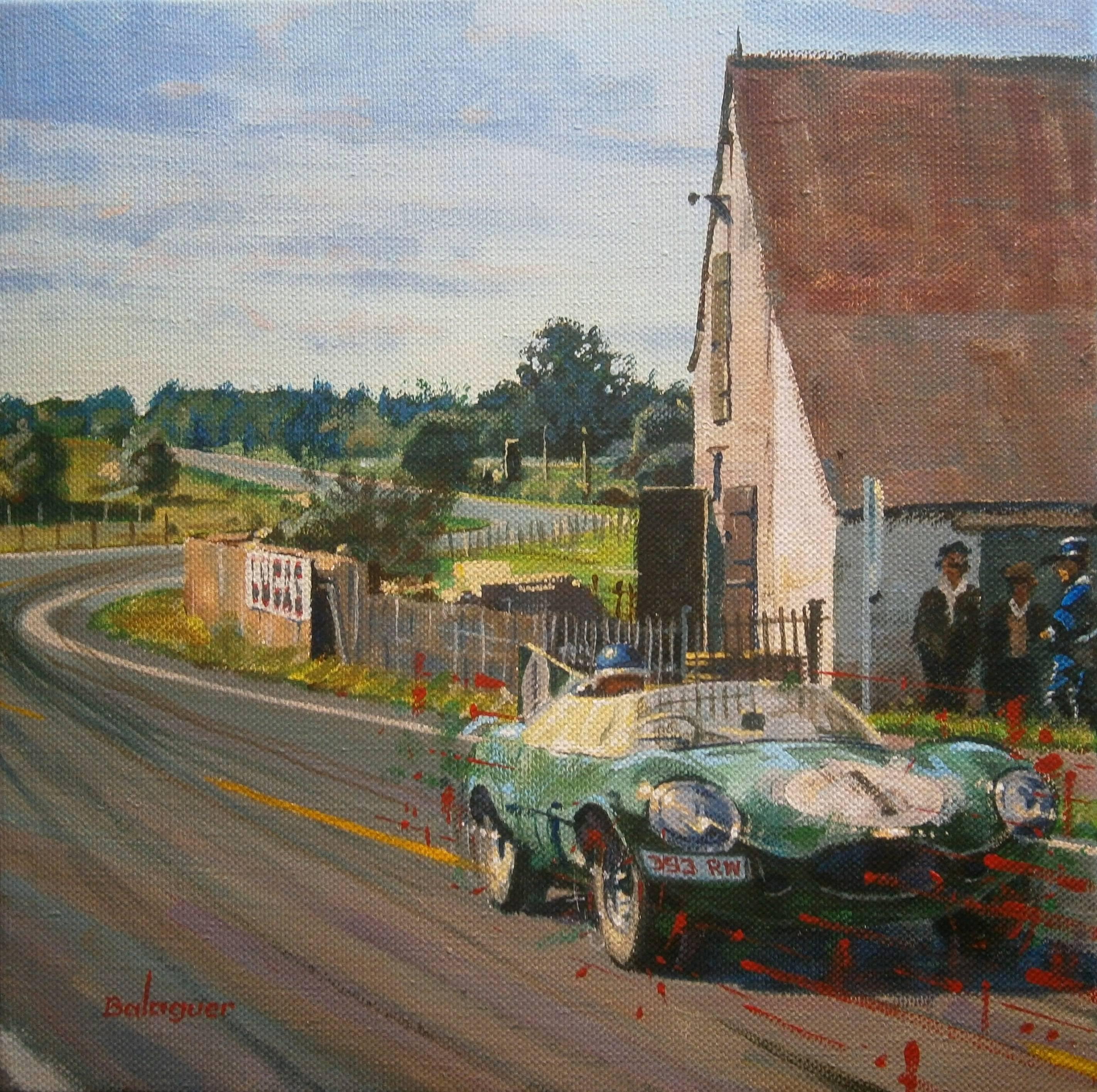Alex BALAGUER Figurative Painting -  Balaguer Car Races   Le Mans 1956 Jaguar D-Type " original acrylic painting