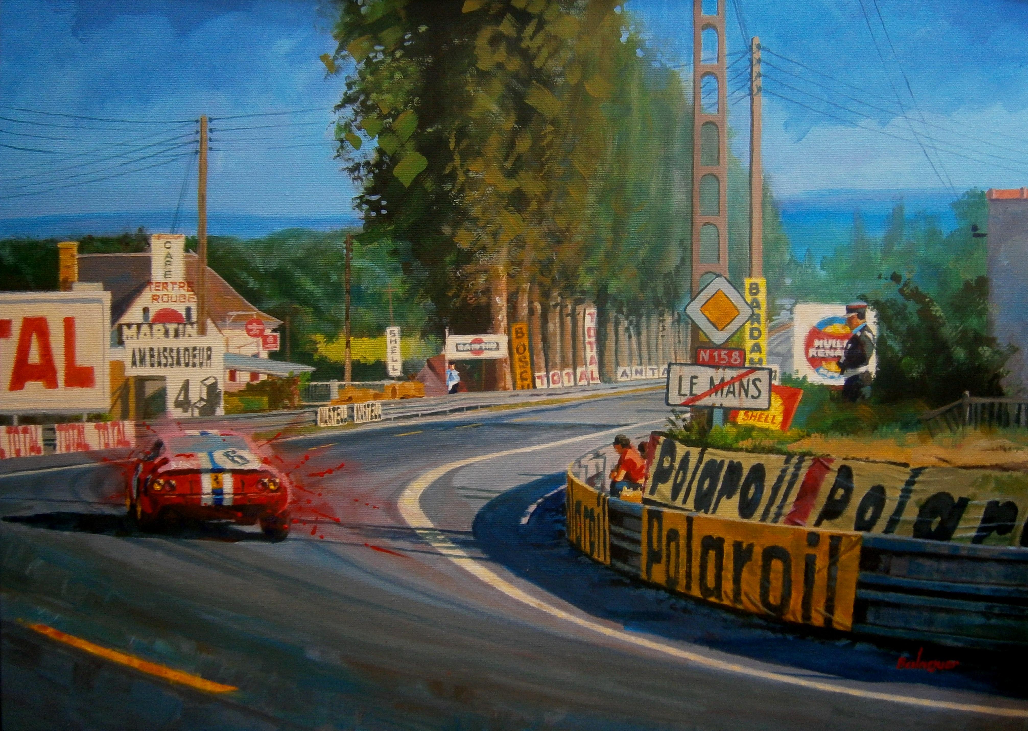 Figurative Painting di Alex BALAGUER - Balaguer  Gare automobilistiche  Le Mans 1973 Ferrari 365 GTB/4. originale