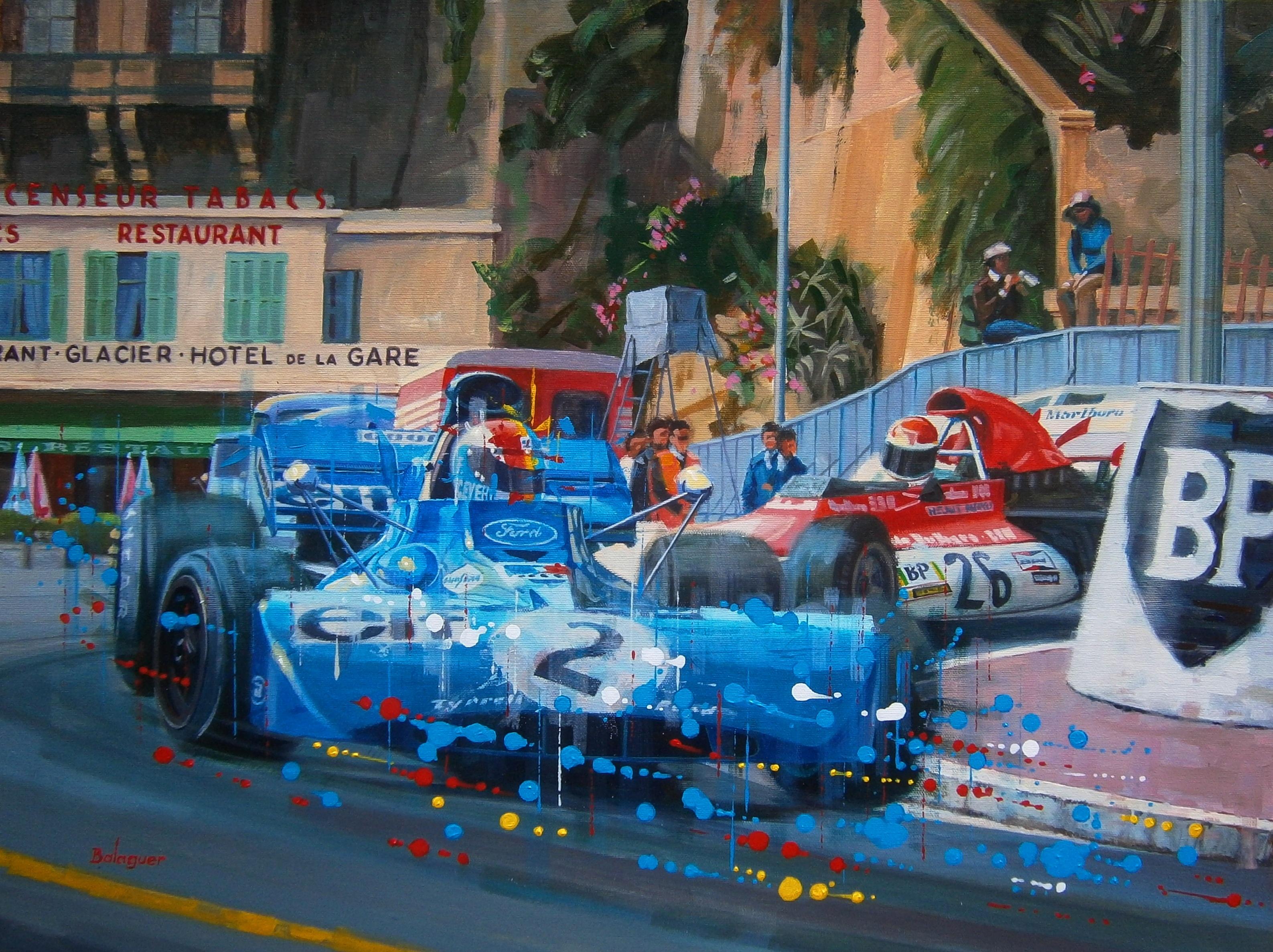 Alex BALAGUER Figurative Painting - Balaguer 3.1 Car Races Francois Cevert y Helmut Marko. 1972. original painting