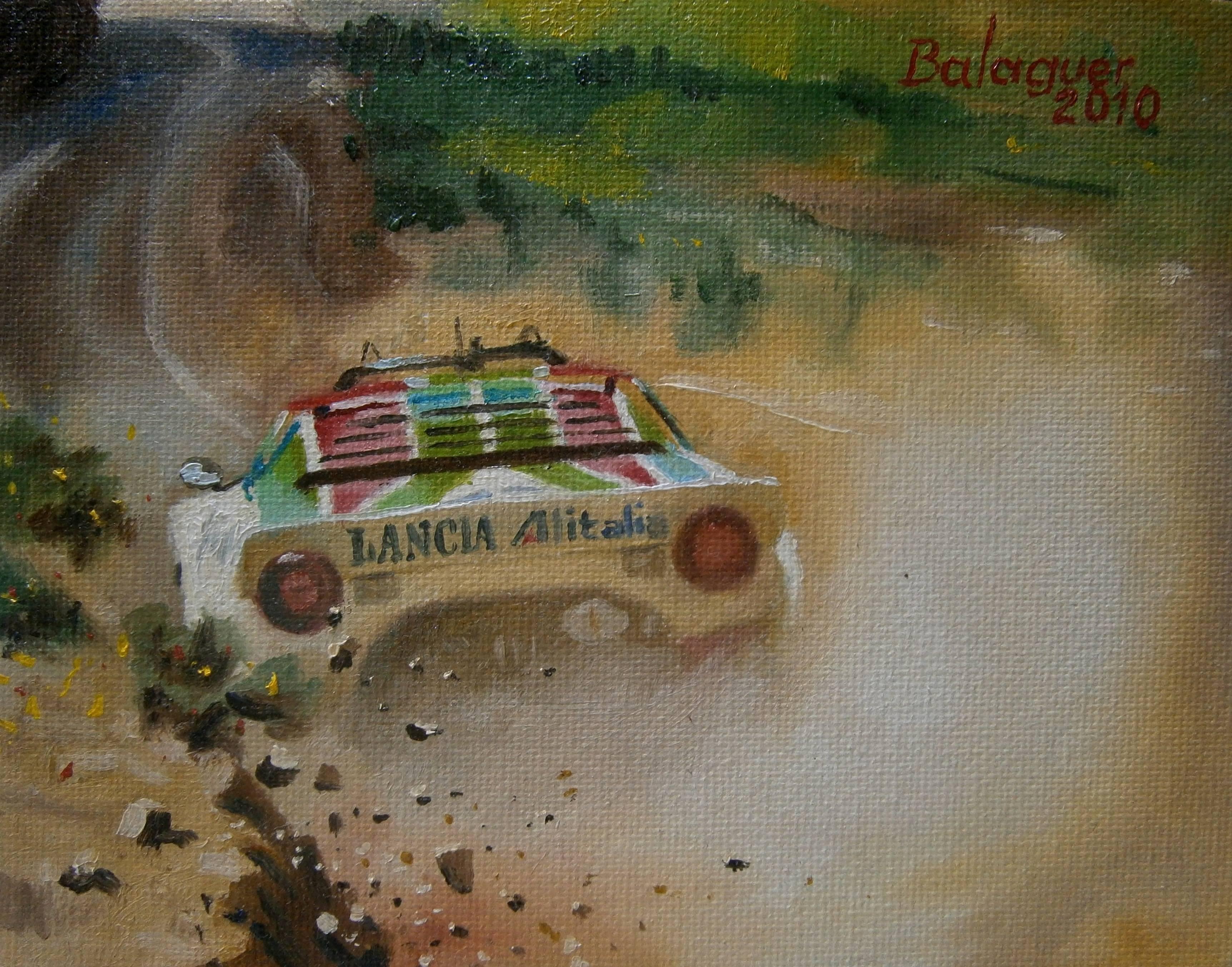 Alex BALAGUER Figurative Painting – Balaguer  25  Rallye-Wagen  Lancia Strato  Originales Acrylgemälde von HF, 1976