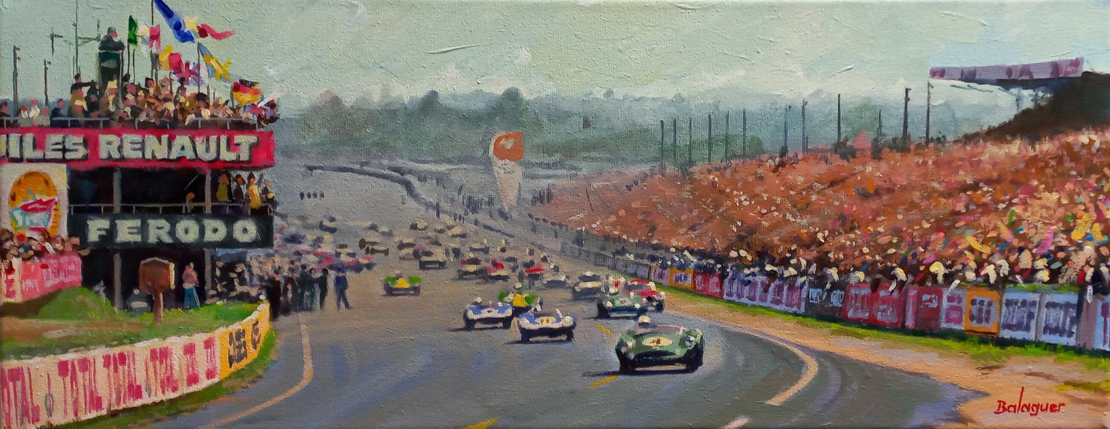 Alex BALAGUER Figurative Painting - Balaguer 9 Car Races Classic ASTON MARTIN DBR1/300. LE MANS 1959. original 