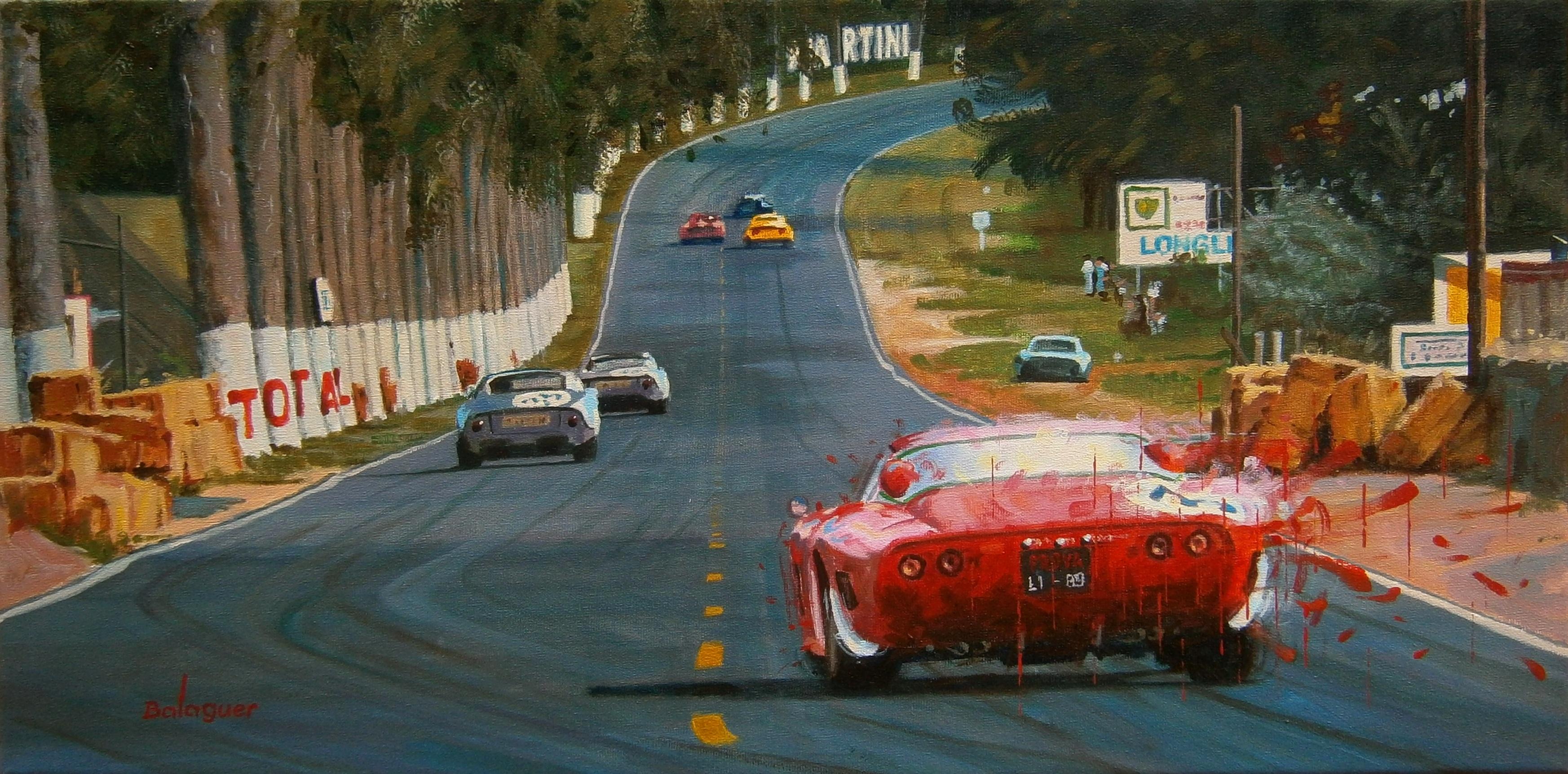 Alex BALAGUER Figurative Painting - Balaguer 8 Car Races Le Mans 1965 - Iso Grifo A3/C. original painting