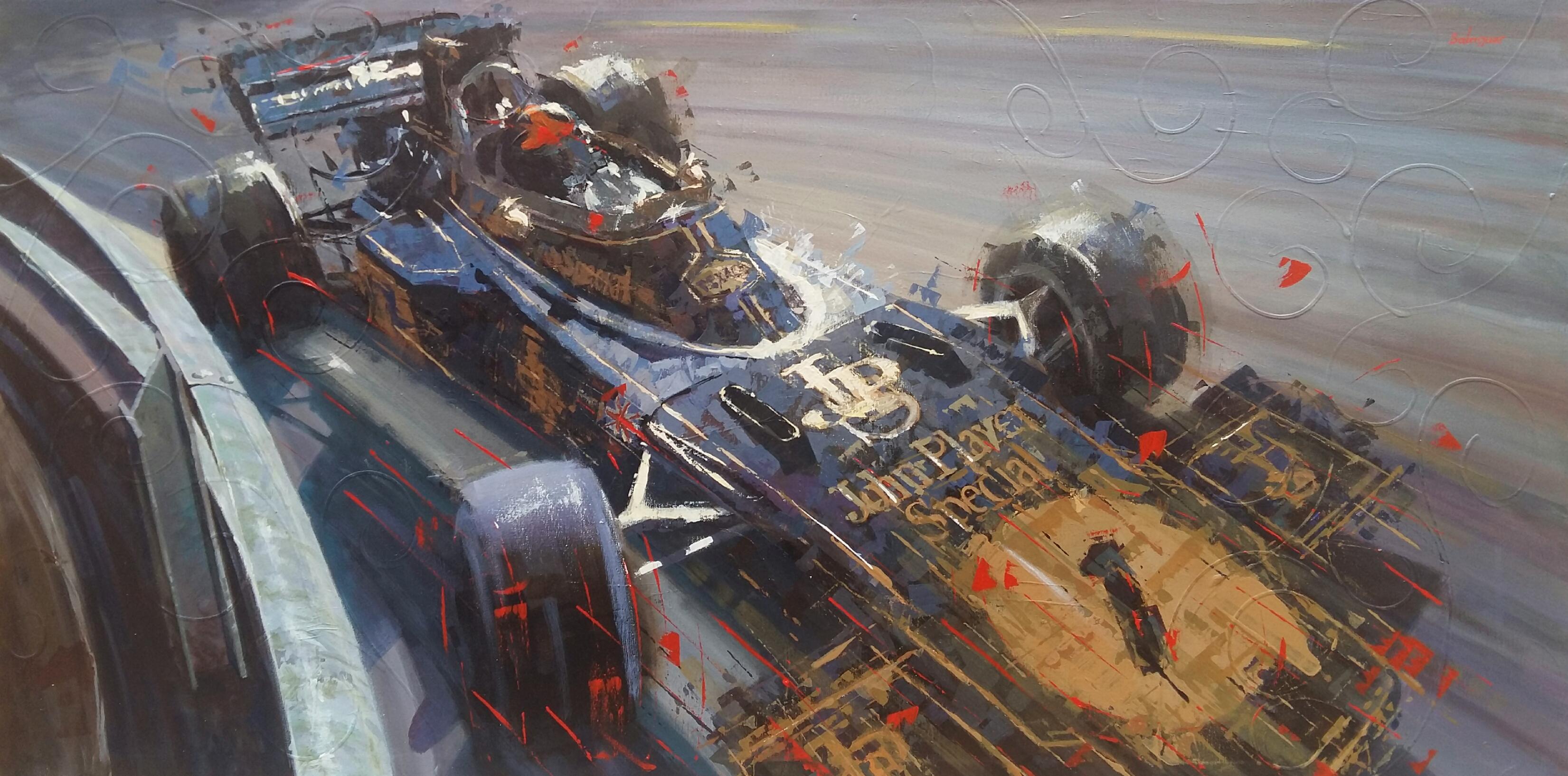 Figurative Painting di Alex BALAGUER - Balaguer  Gare automobilistiche  Emerson Fitipaldi. Lotus 72E Ford. dipinto originale