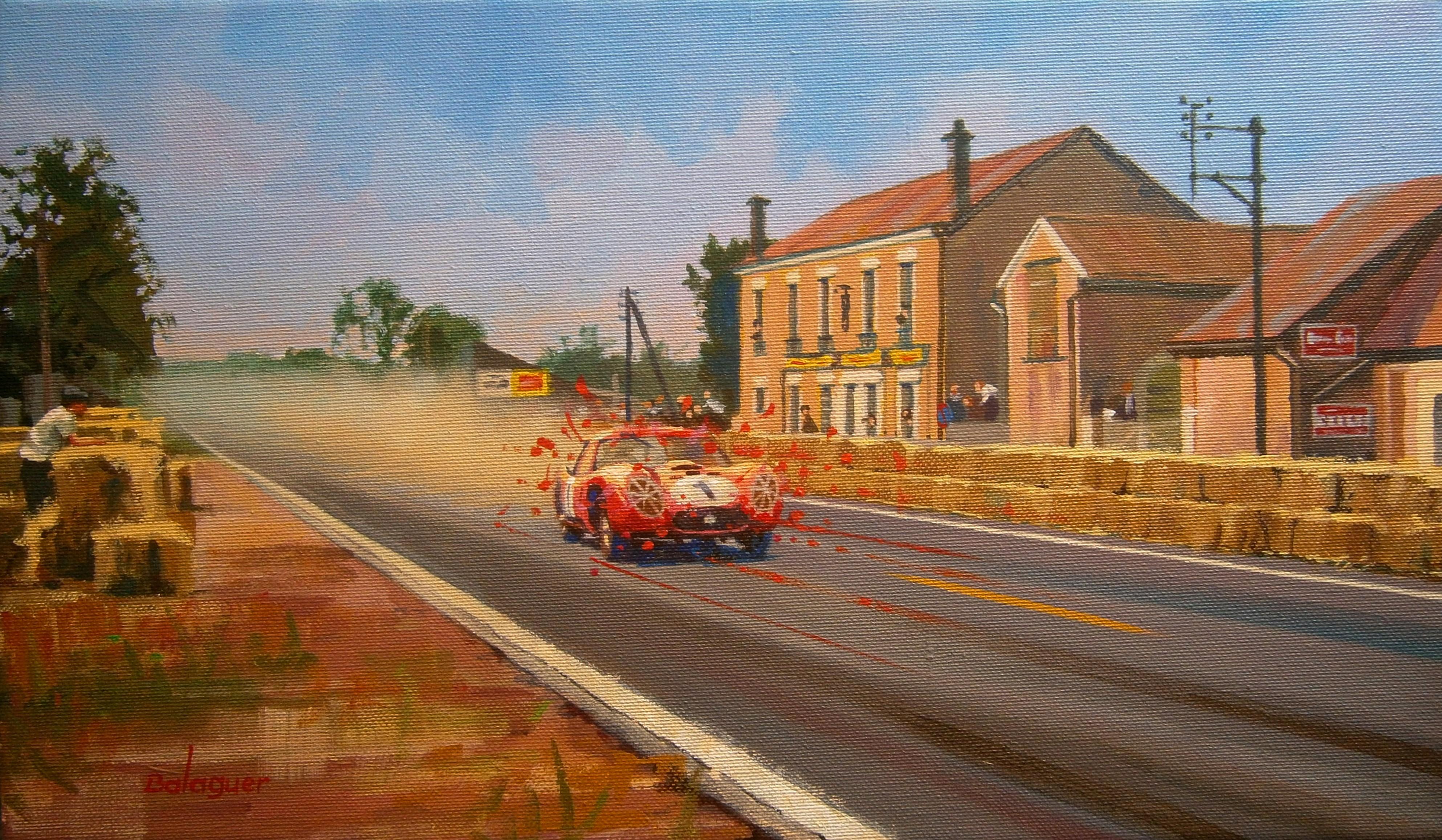 Alex BALAGUER Figurative Painting - Balaguer    Car Races   Le Mans 1957 Maseratti orig. acrylic painting