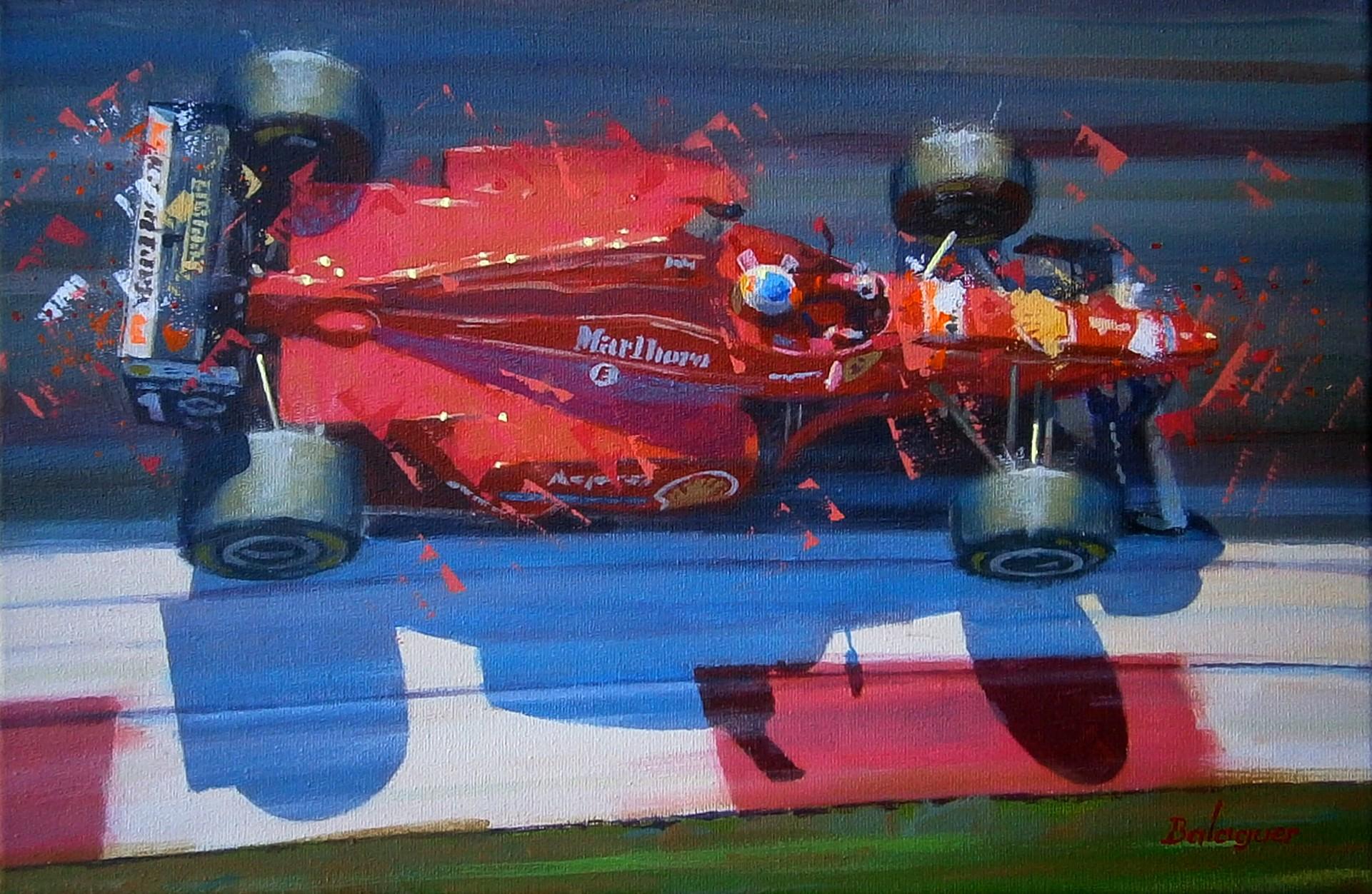Alex BALAGUER Figurative Painting - Balaguer  Shumacher. Car Races  Monza 1996 Ferrari F310·  original paint