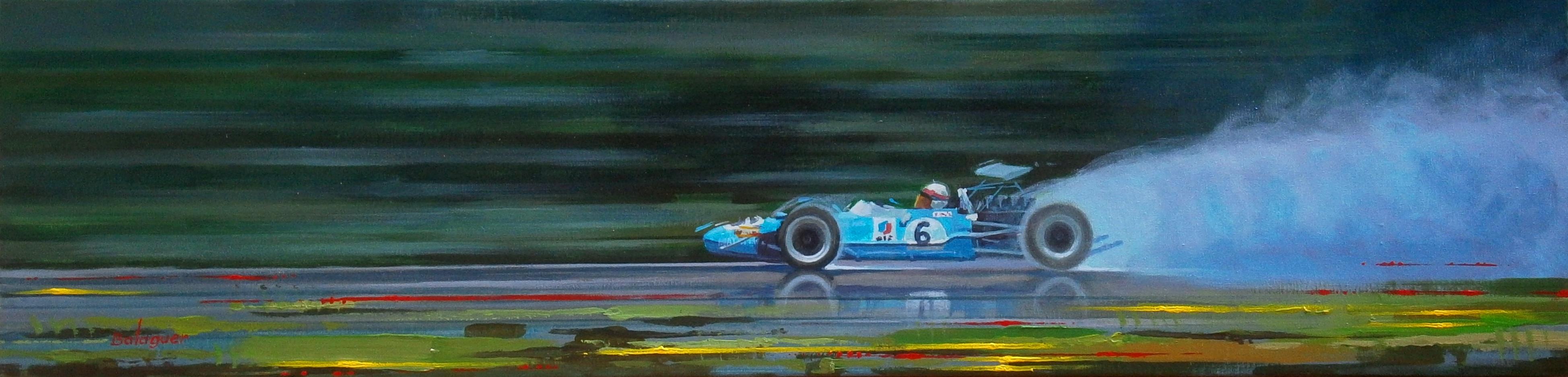 Alex BALAGUER Figurative Painting - Balaguer 7 Car Races  Jackie Stewart. Matra MS10 Ford. Original acrylic painting