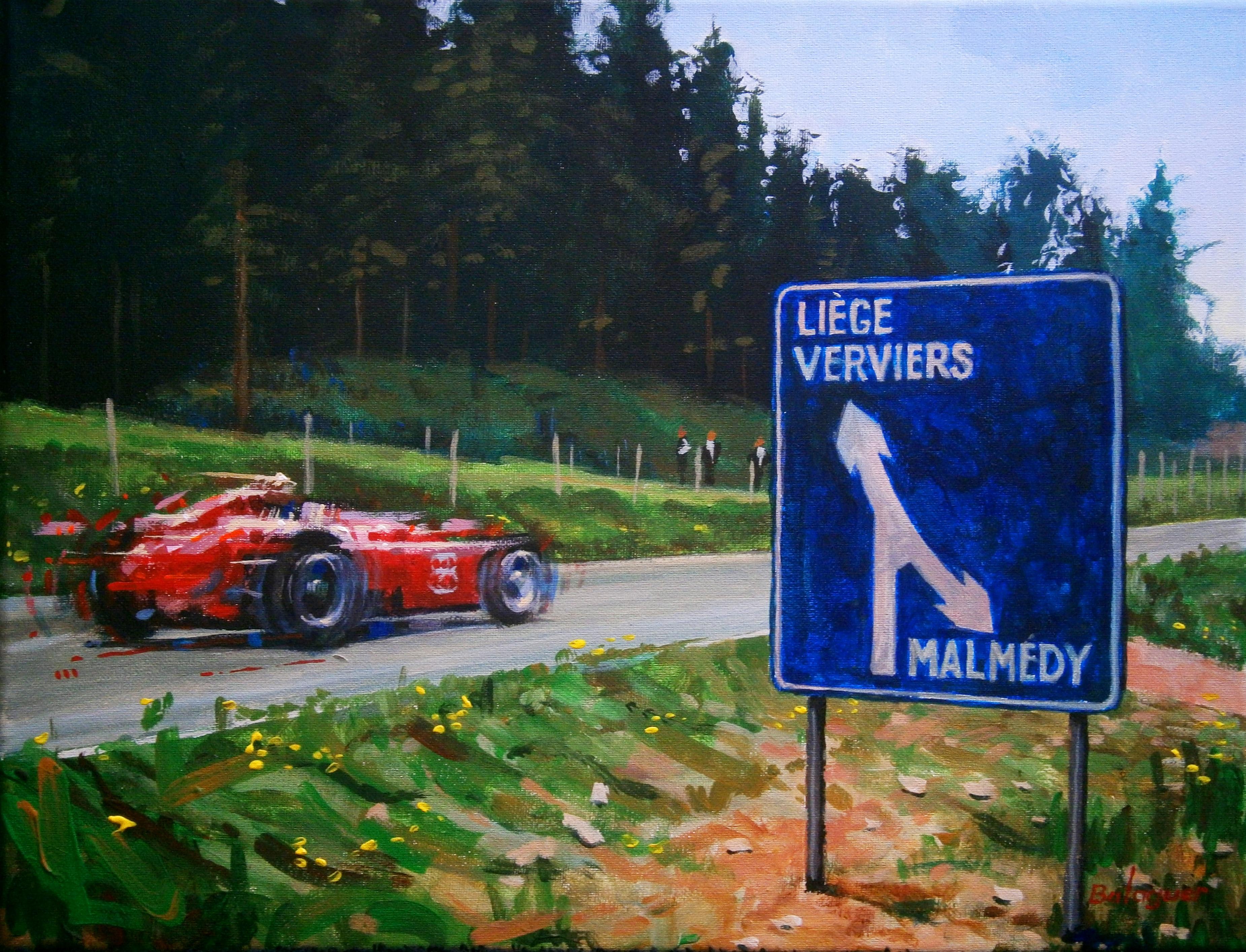 Alex BALAGUER Figurative Painting – Balaguer 8 Autorennen Peter Collins. 1956. Ferrari-Lancia D50. Originalgemälde