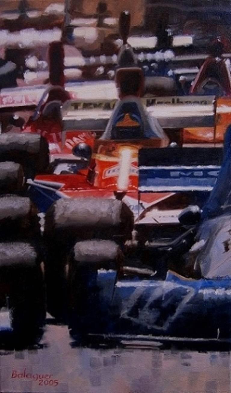 Alex BALAGUER Figurative Painting - Balaguer   Car Races  Vertical original acrylic painting