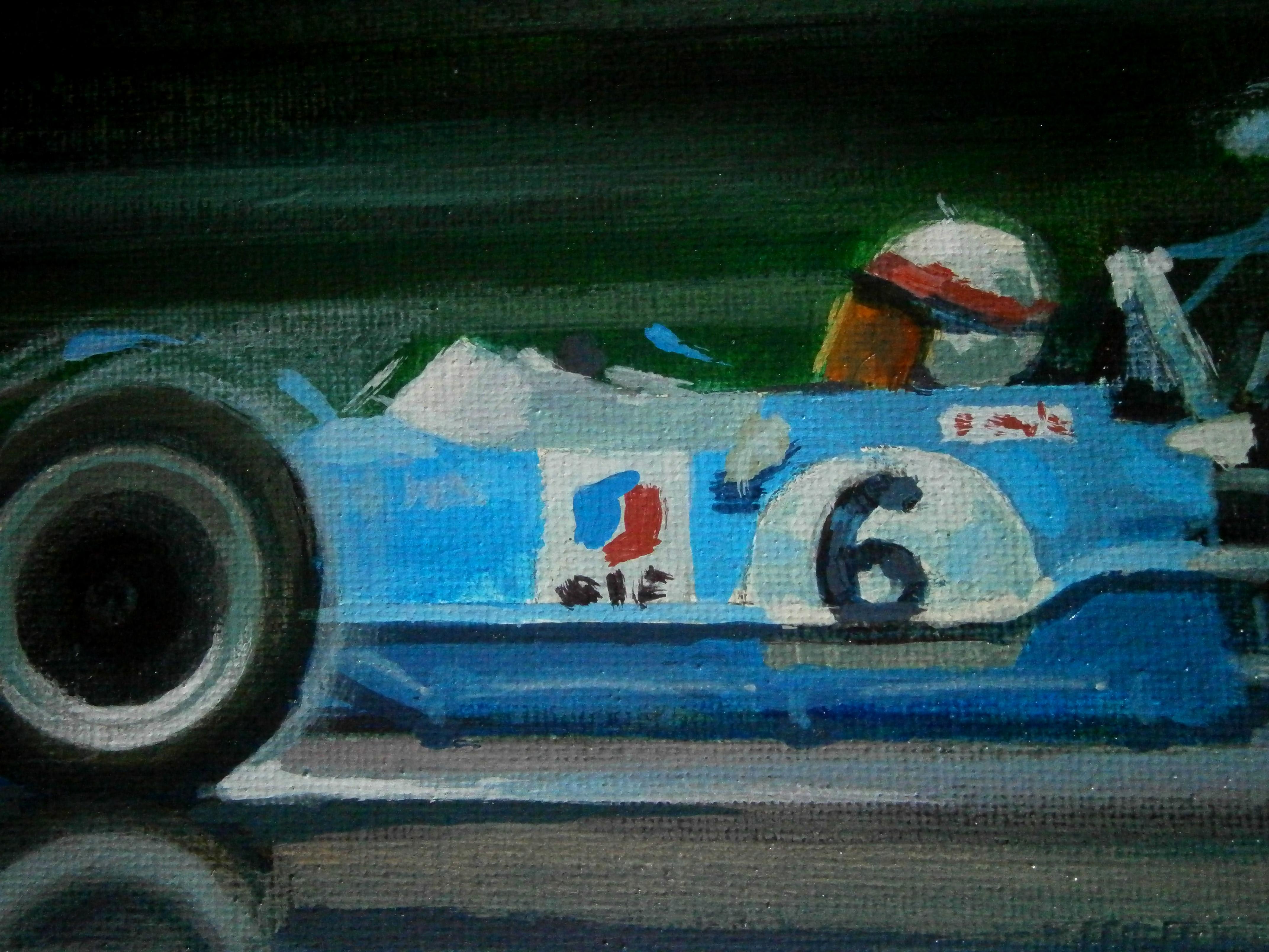Races à la voiture Balaguer  Jackie Stewart. Matra MS10 Ford. Peinture �à l'acrylique originale - Noir Figurative Painting par Alex BALAGUER