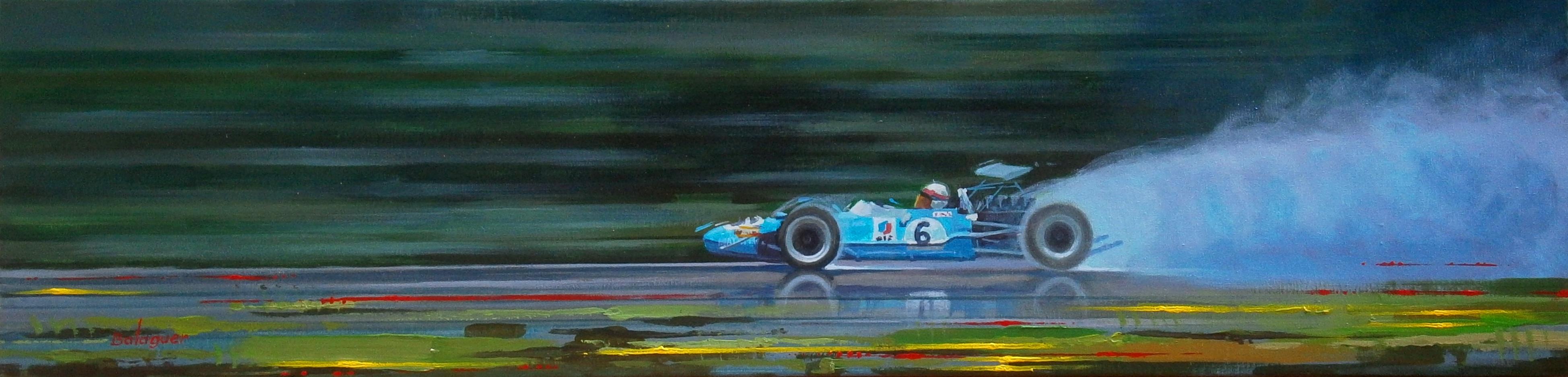Figurative Painting di Alex BALAGUER - Gare automobilistiche di Balaguer  Jackie Stewart. Matra MS10 Ford. Pittura acrilica originale