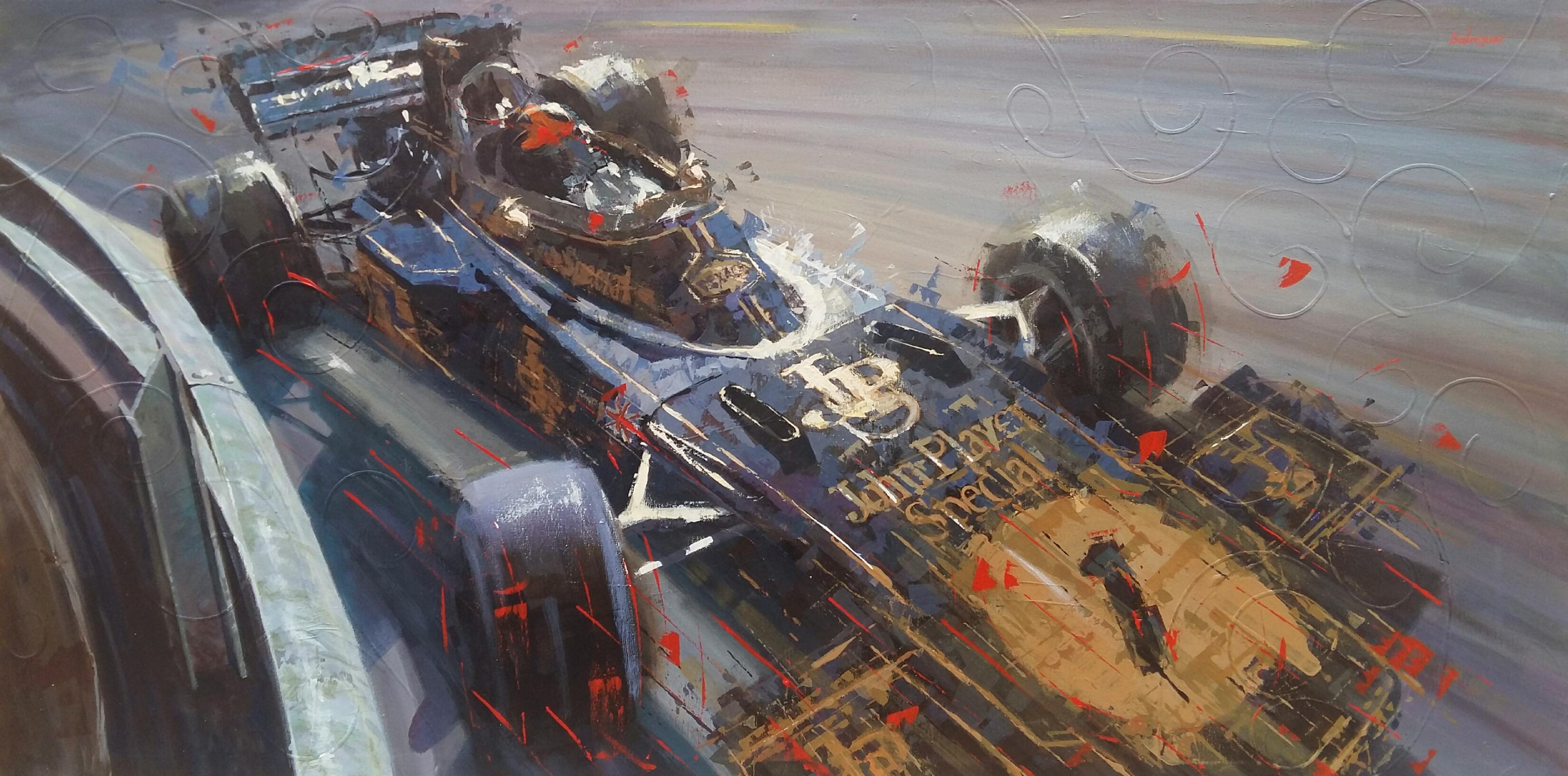 Alex BALAGUER Figurative Painting - Balaguer  Car Races  Emerson Fitipaldi. Lotus 72E Ford. original painting
