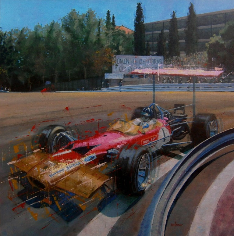 Alex BALAGUER Figurative Painting - Graham Hill Circuit de Montjuïc 1969 Lotus 49 original acrylic painting