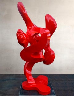 "Two Note Swivel", großformatige abstrakte Metallskulptur, rot, außen