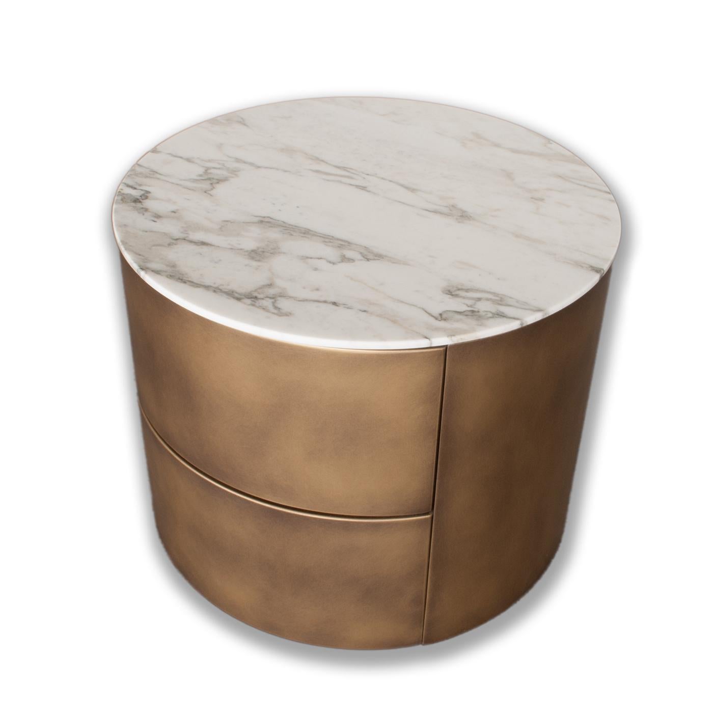 Complementing a contemporary bedroom decor with refined sophistication, this stunning bedside table is distinguished by a first-rate marble top showcasing fascinating veining. Boasting two push-pull drawers internally upholstered with fabric and