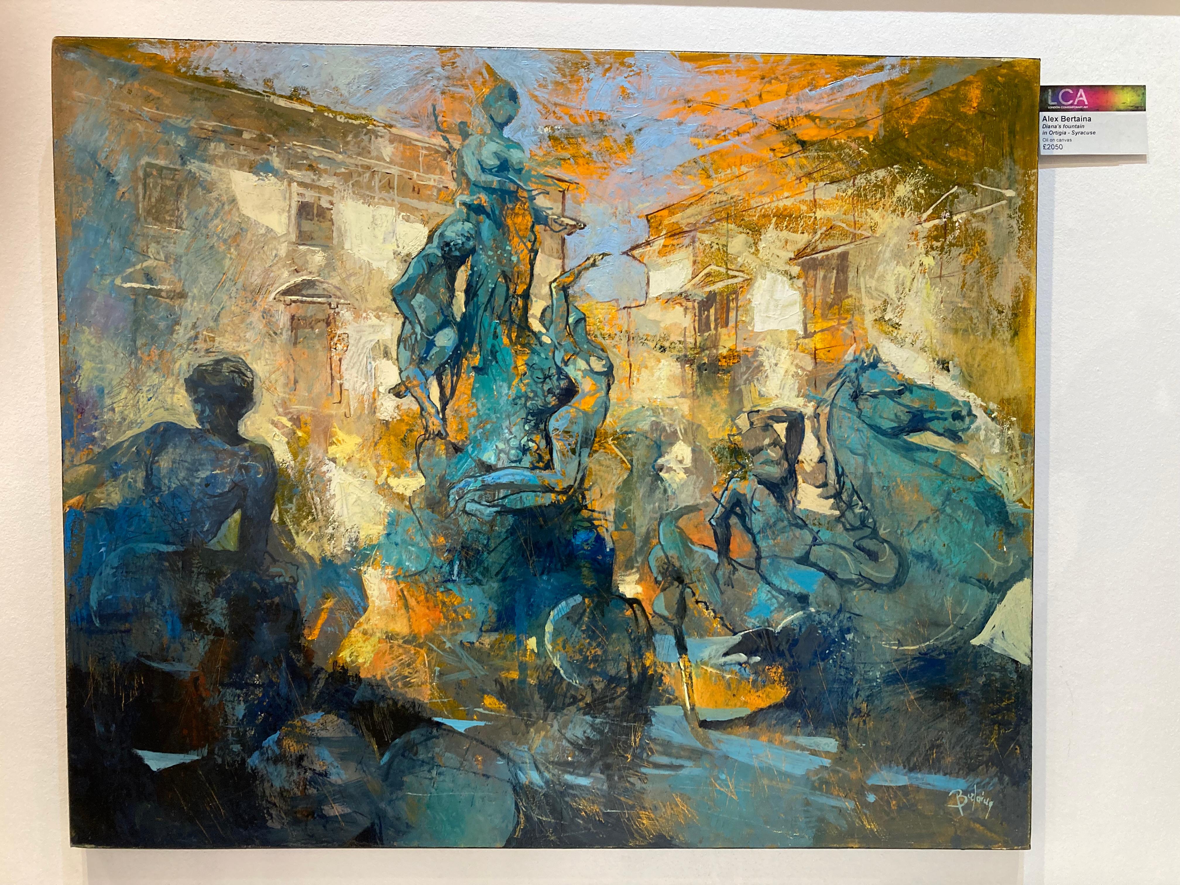 Aretusa la prediletta (Diana fountain in Ortigia - Syracuse) - Italian townscape - Painting by Alex Bertaina