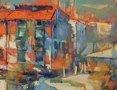 Come to Venice - peinture à l'huile italienne contemporaine de paysage urbain de Venise