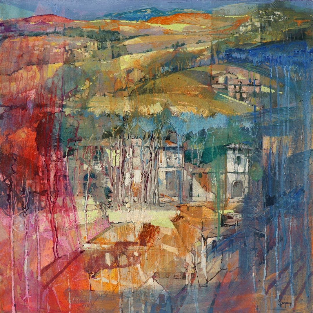 Houses among the Trees in Tuscany - contemporary Italian landscape oil painting - Painting by Alex Bertaina