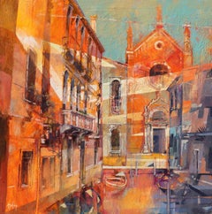 I Silenzi del Canale (Venise) - peinture à l'huile italienne contemporaine de paysage urbain