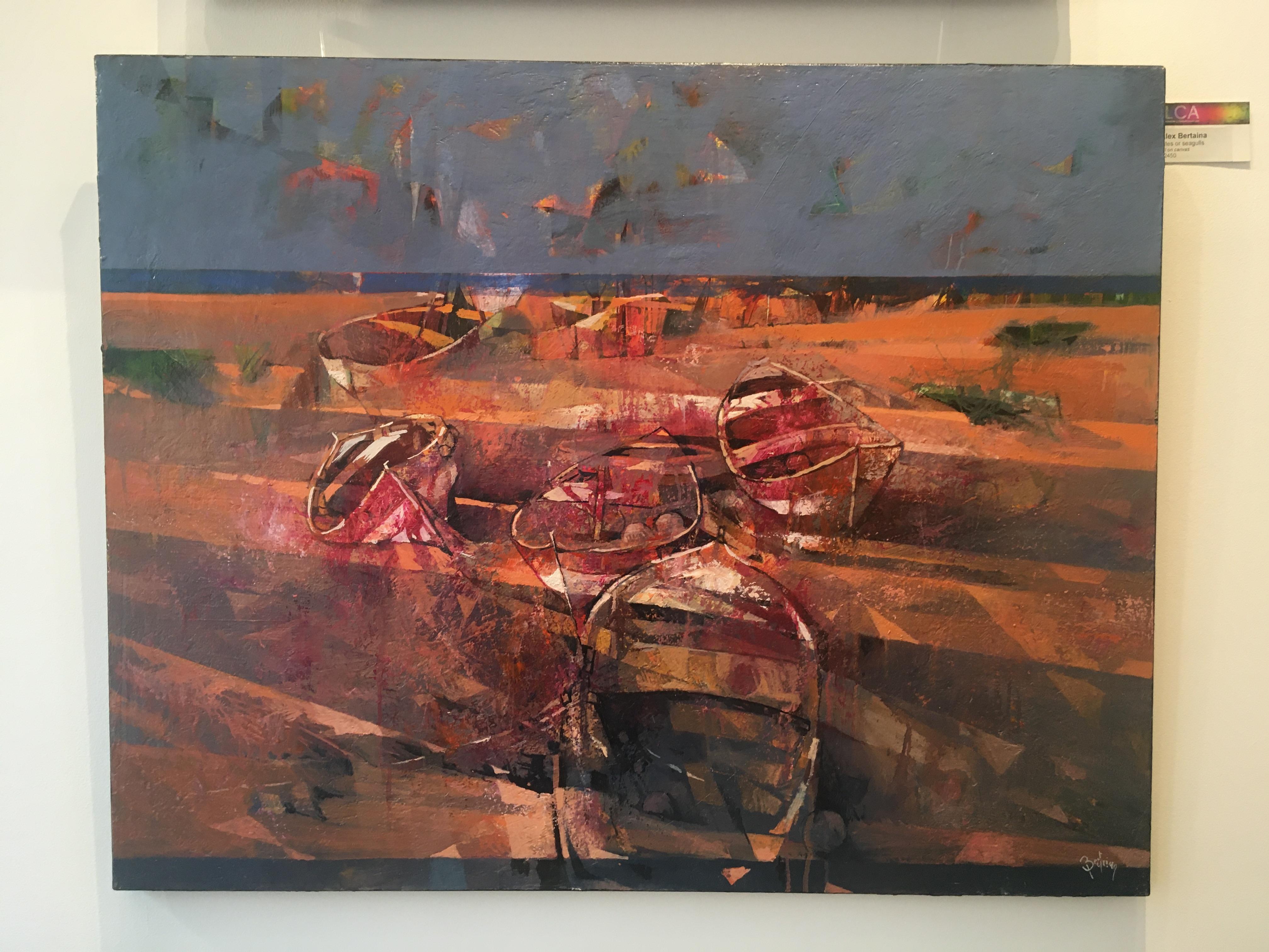 Cometas o gaviotas - paisaje marino contemporáneo barcos playa pintura al óleo - Painting de Alex Bertaina